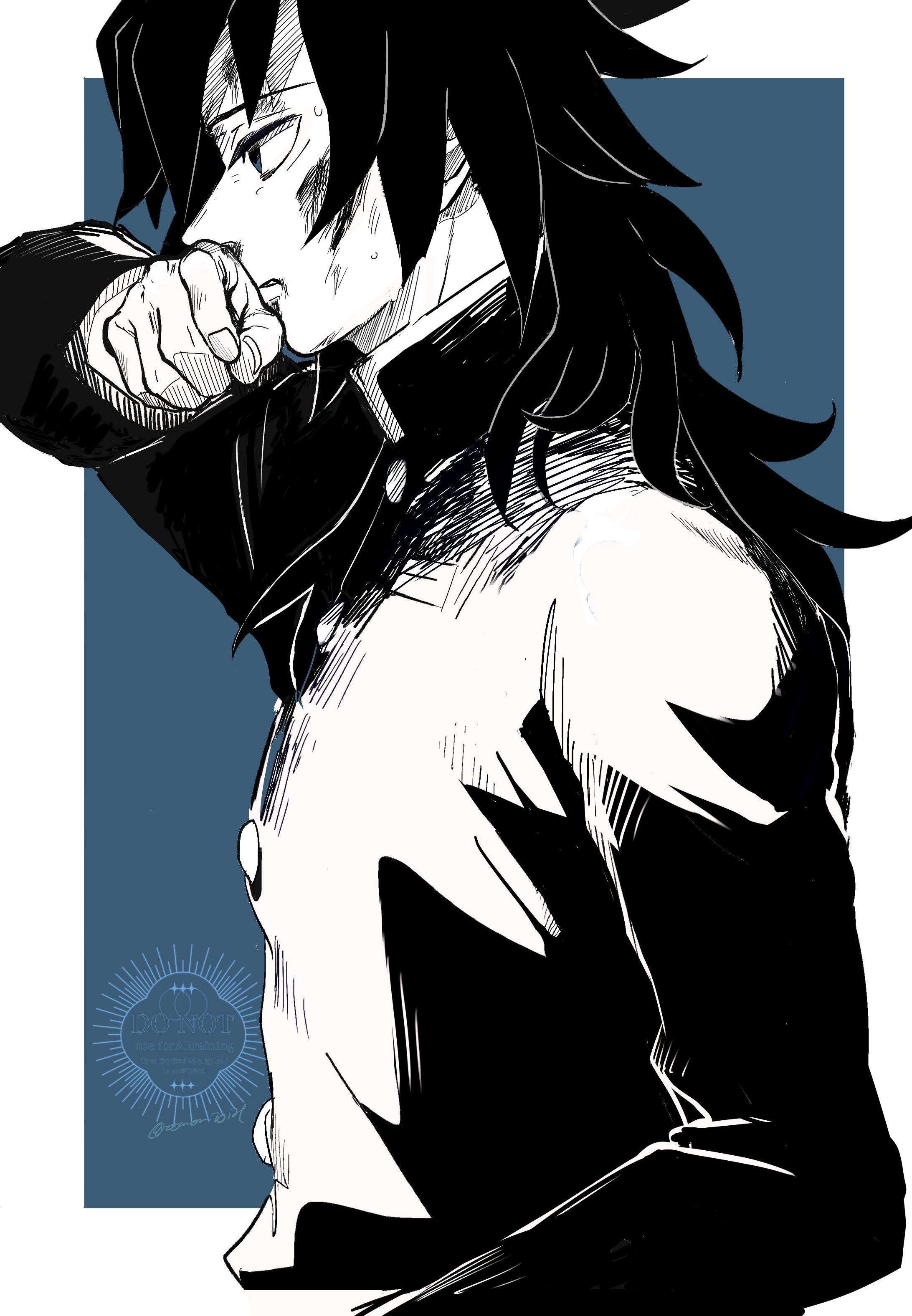 tomioka giyuu, kimetsu no yaiba, absurdres, highres, 1boy, black hair, black jacket, blue background, blue eyes, buttons, demon slayer uniform, high collar, jacket, low ponytail, male focus, ponytail, profile, solo, spiked hair, sweat, tomoribi21, upper body, watermark