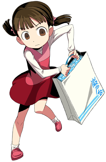 c (neta), magukappu, doujima nanako, atlus, etrian odyssey, persona, persona 4, 1girl, bag, brown eyes, brown hair, chibi, dress, female focus, parody, short twintails, skirt, solo, sweater, turtleneck, twintails