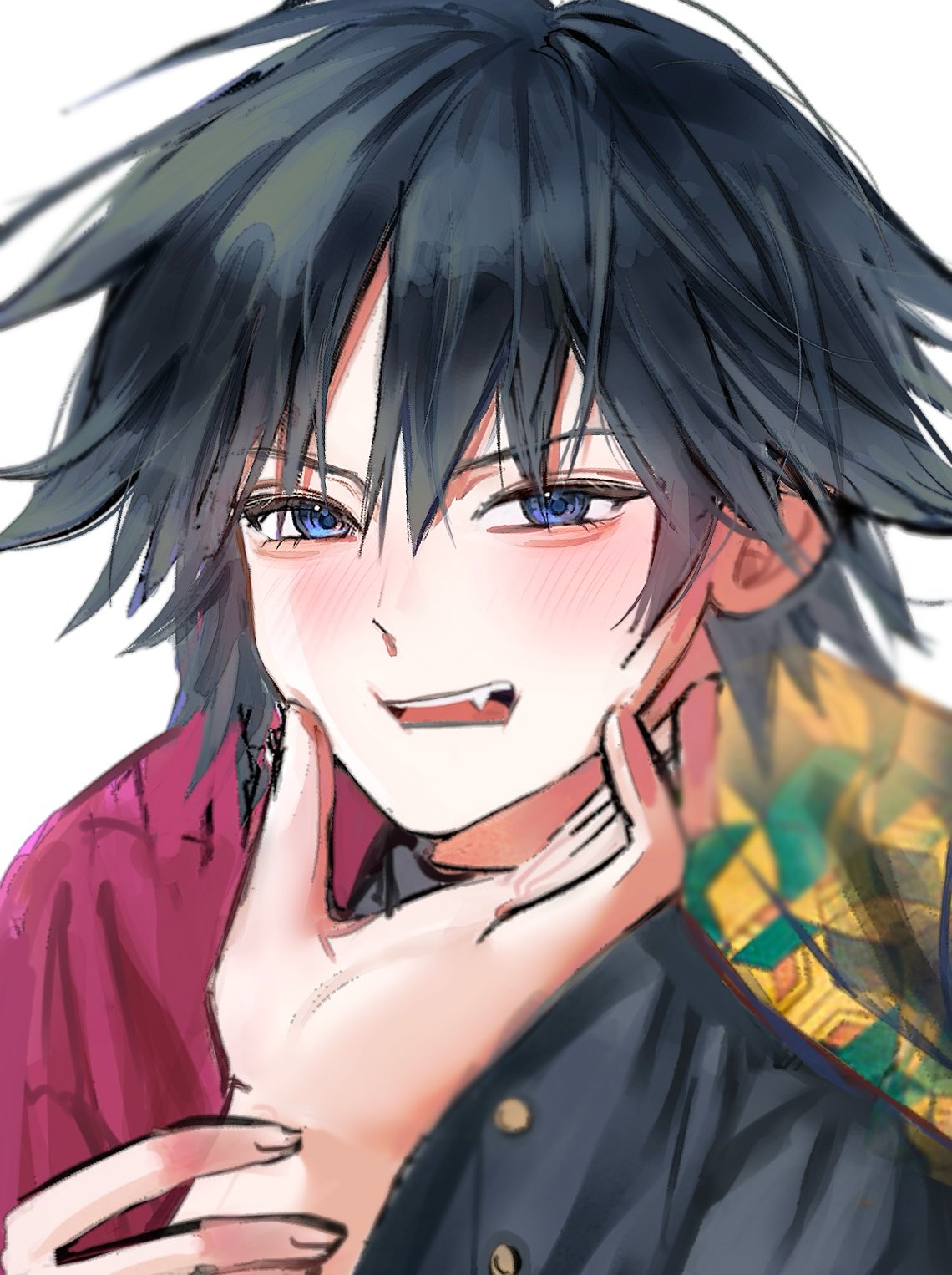 tomioka giyuu, kimetsu no yaiba, highres, 1boy, 3me1v, black hair, black jacket, blue eyes, blush, buttons, demon slayer uniform, gold buttons, haori, high collar, jacket, japanese clothes, kikkoumon, looking at viewer, low ponytail, male focus, ponytail, print haori, red haori, solo focus, spiked hair