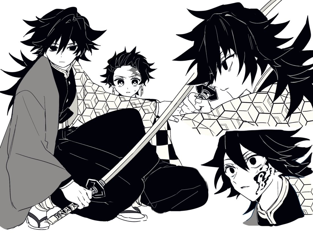 kamado tanjirou, tomioka giyuu, kimetsu no yaiba, 2boys, black hair, black jacket, buttons, demon slayer uniform, dok9uuu, earrings, greyscale, hanafuda earrings, haori, high collar, holding, holding sword, holding weapon, jacket, japanese clothes, jewelry, katana, kikkoumon, low ponytail, male focus, monochrome, multiple boys, multiple views, ponytail, print haori, spiked hair, sword, weapon