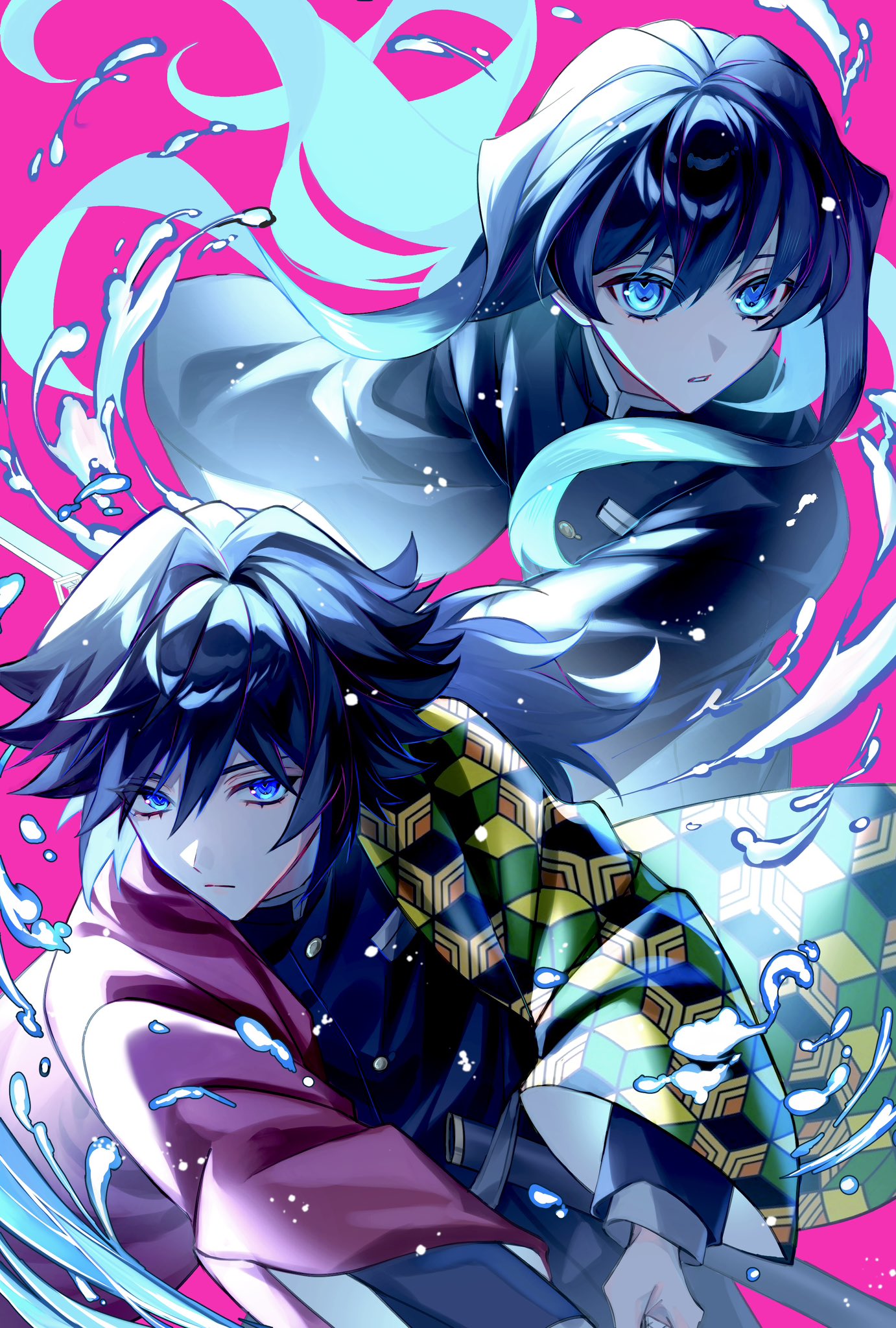 t ei to, tokitou muichirou, tomioka giyuu, kimetsu no yaiba, highres, 2boys, black hair, black jacket, blue eyes, buttons, closed mouth, demon slayer uniform, gold buttons, haori, high collar, holding, holding sword, holding weapon, jacket, japanese clothes, katana, kikkoumon, low ponytail, male focus, multiple boys, parted lips, ponytail, print haori, red haori, solo, spiked hair, sword, teeth, water, weapon