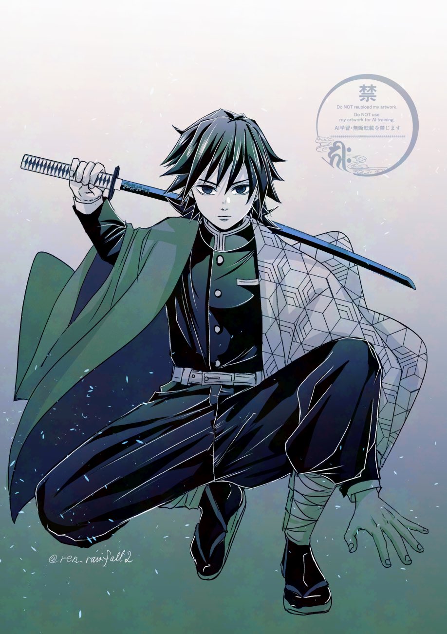 runa (ren rainfall), tomioka giyuu, kimetsu no yaiba, highres, 1boy, belt, black hair, black jacket, black pants, blue eyes, buttons, demon slayer uniform, full body, haori, high collar, jacket, japanese clothes, kikkoumon, looking at viewer, low ponytail, male focus, pants, partially colored, ponytail, print haori, solo, spiked hair, white belt