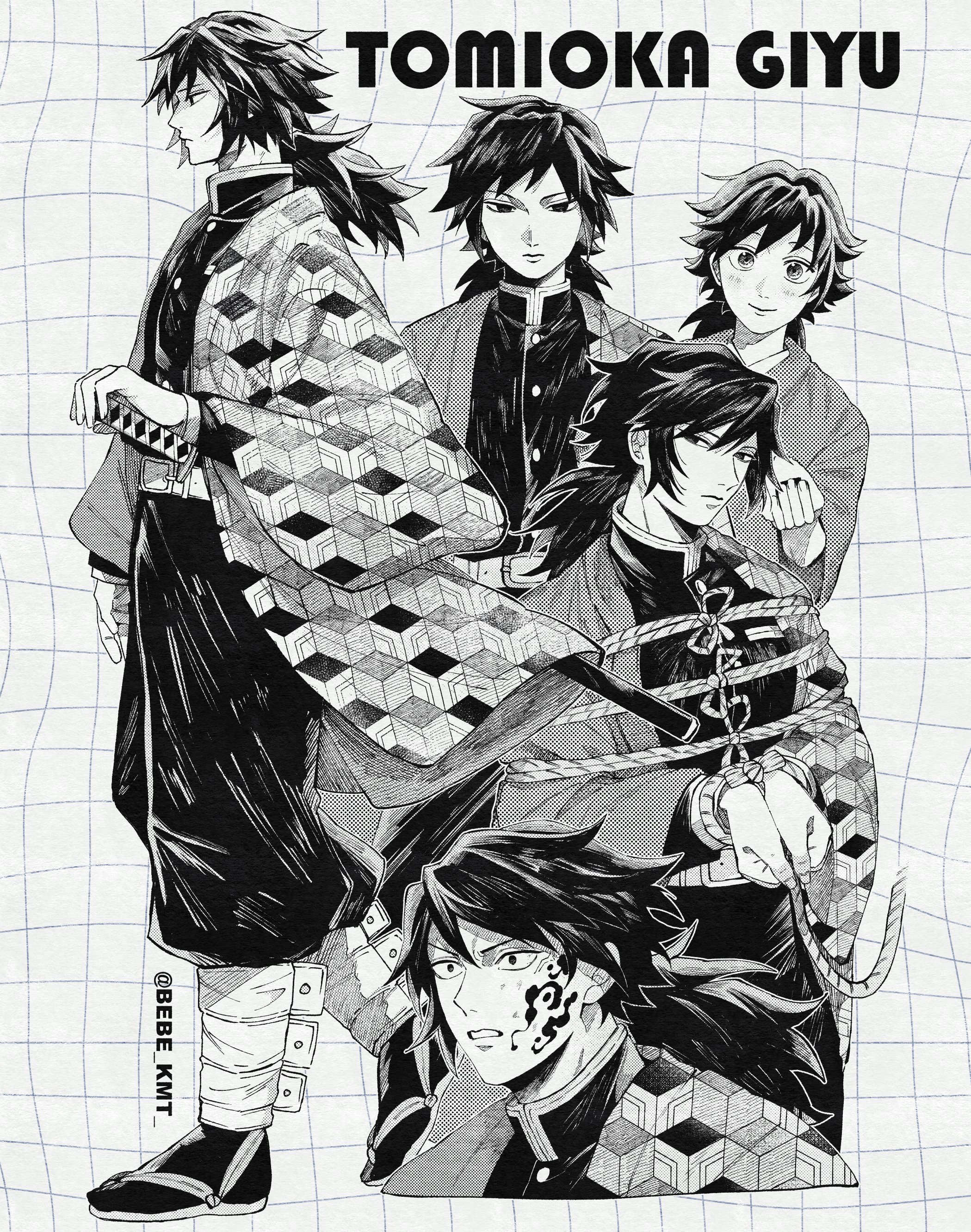 tomioka giyuu, kimetsu no yaiba, absurdres, highres, 1boy, bebe kmt, black hair, black jacket, black pants, demon slayer uniform, full body, haori, high collar, holding, holding sword, holding weapon, jacket, japanese clothes, katana, kikkoumon, low ponytail, male focus, multiple views, pants, ponytail, print haori, solo, spiked hair, sword, upper body, weapon