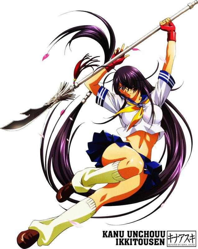 rin-sin, kan'u unchou, ikkitousen, 00s, 1girl, crop top, female focus, fingerless gloves, gloves, hair over one eye, long hair, loose socks, midriff, petals, polearm, purple hair, school uniform, serafuku, skirt, socks, solo, very long hair, weapon