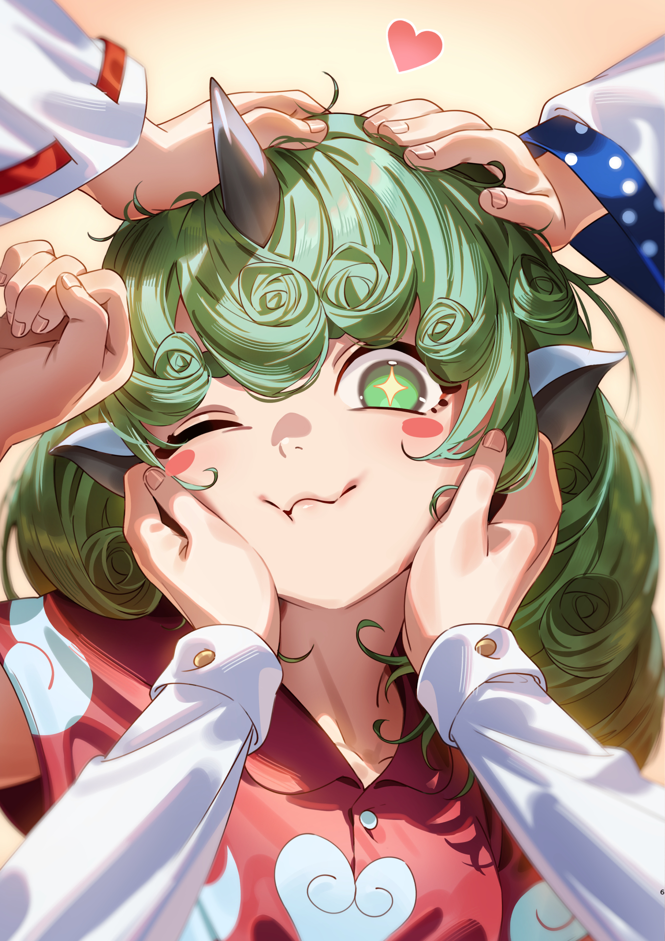 u u zan, hakurei reimu, kirisame marisa, kochiya sanae, komano aunn, touhou, commentary request, highres, + +, 4girls, animal ears, arm up, blush stickers, buttons, closed mouth, collared shirt, curly hair, female pov, green eyes, green hair, hands on another's cheeks, hands on another's face, headpat, heart, horns, kariyushi shirt, long hair, long sleeves, looking at viewer, multiple girls, paw pose, pov, red ribbon, red shirt, ribbon, ribbon-trimmed sleeves, ribbon trim, shirt, single horn, upper body, wavy mouth, yellow background