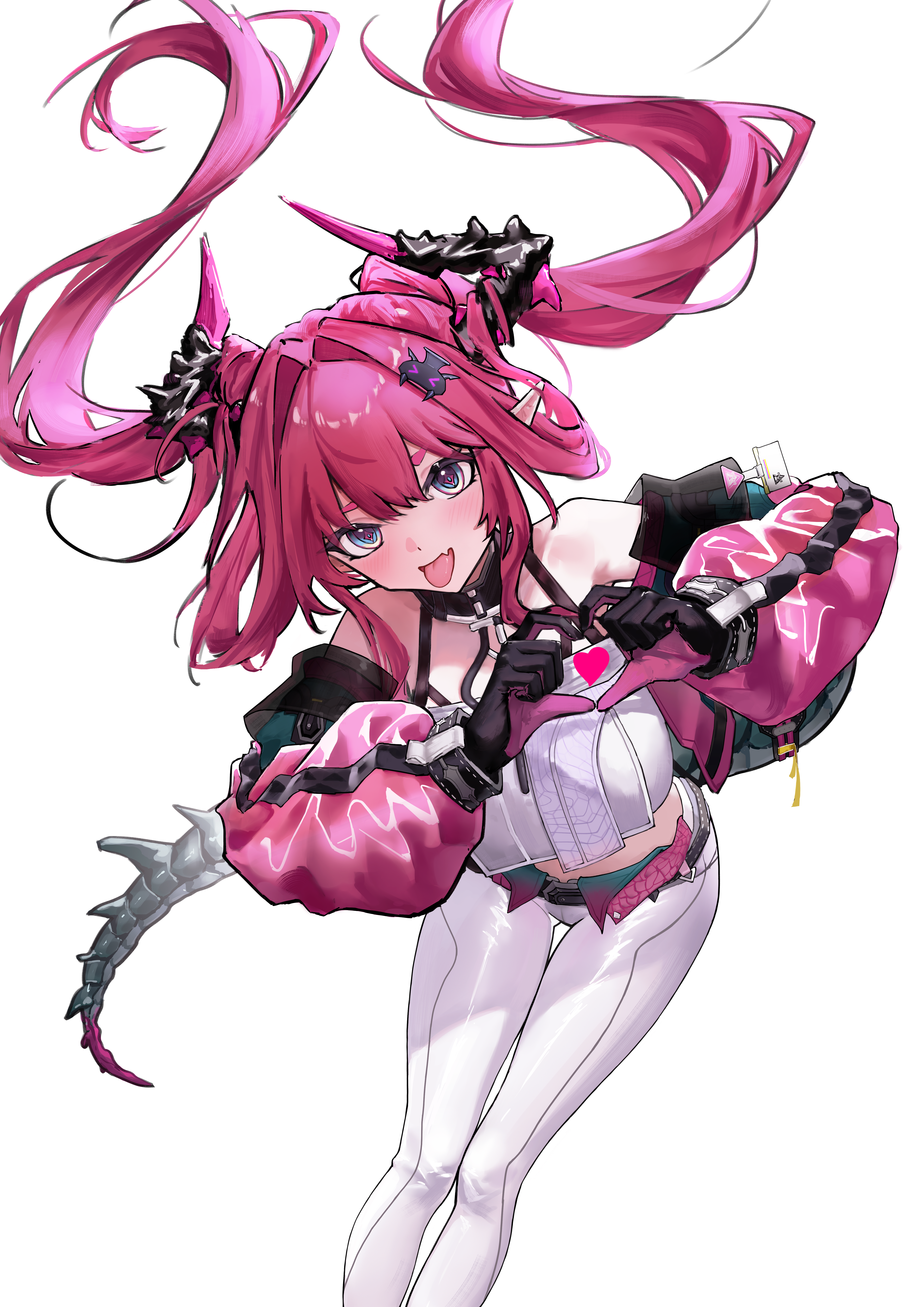yvonne (arknights), arknights, arknights: endfield, absurdres, highres, 1girl, belt, black gloves, blue eyes, diamond-shaped pupils, diamond (shape), fang, gloves, heart, heart hands, horns, jacket, long hair, looking at viewer, midriff, multicolored gloves, off shoulder, pants, pink gloves, pink hair, pink horns, pink jacket, pointy ears, simple background, skin fang, solo, symbol-shaped pupils, tail, thick eyebrows, tongue, tongue out, twintails, user xapf3744, white background, white pants