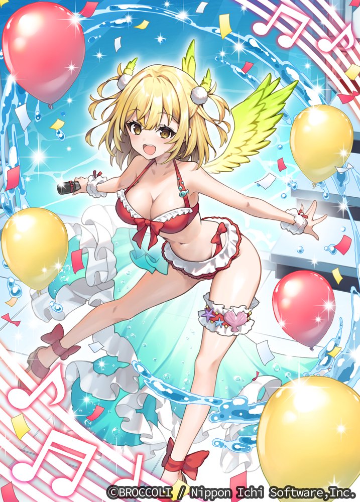 yaki mayu, z/x, official art, 1girl, balloon, beamed eighth notes, beamed sixteenth notes, bikini, blonde hair, breasts, cana (z/x), cleavage, confetti, copyright notice, eighth note, feathered wings, frilled bikini, frilled thigh strap, frills, green wings, hair ornament, medium hair, musical note, musical staff, open mouth, pom pom (clothes), pom pom hair ornament, quarter note, solo, splashing, swimsuit, teeth, thigh strap, two side up, upper teeth only, wings, yellow eyes