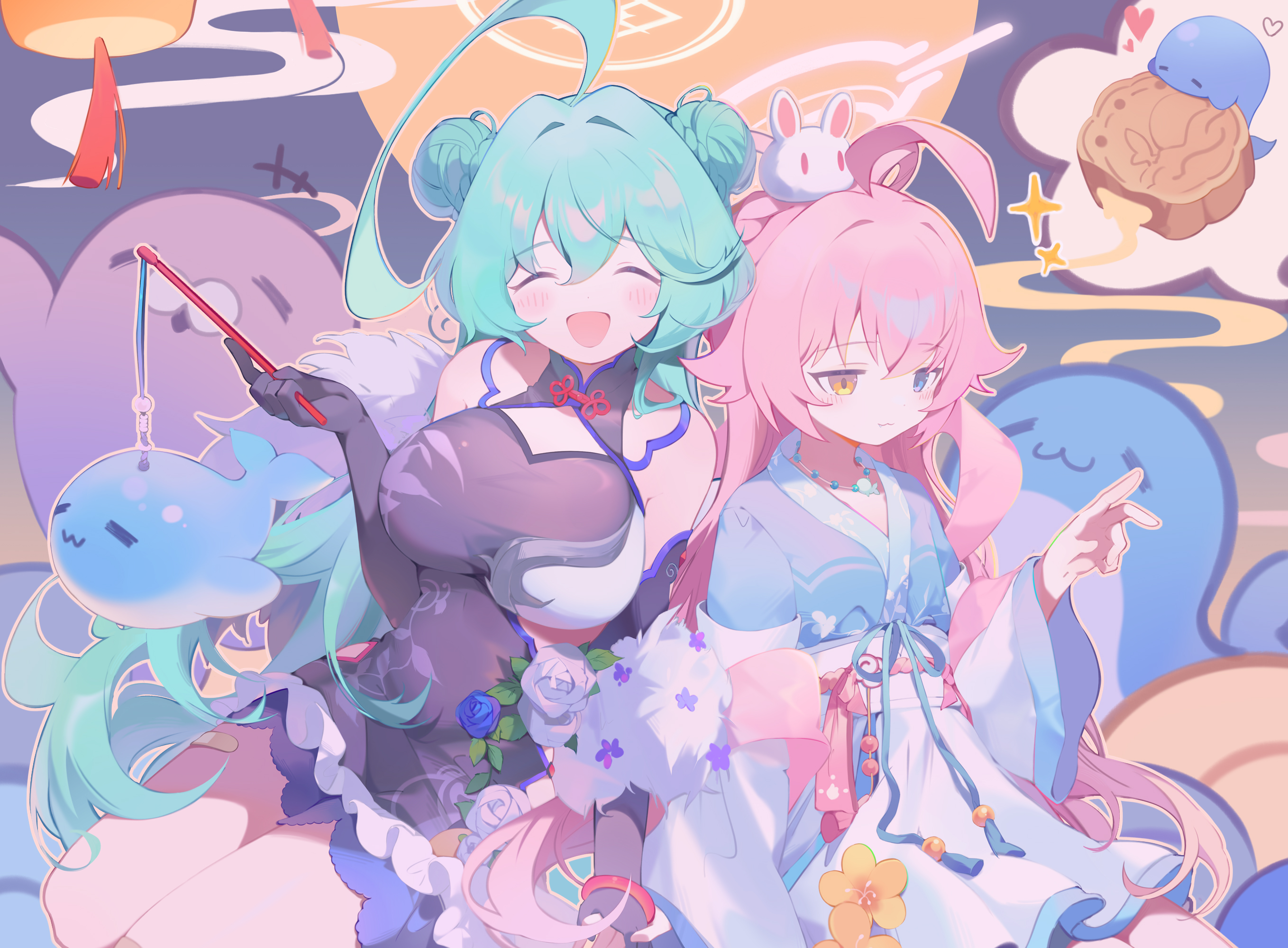 teoskyrios, hoshino (blue archive), yume (blue archive), blue archive, chinese commentary, commentary, highres, 2girls, ahoge, blue eyes, breasts, closed eyes, green hair, halo, heterochromia, large breasts, long hair, multiple girls, pink hair, yellow eyes