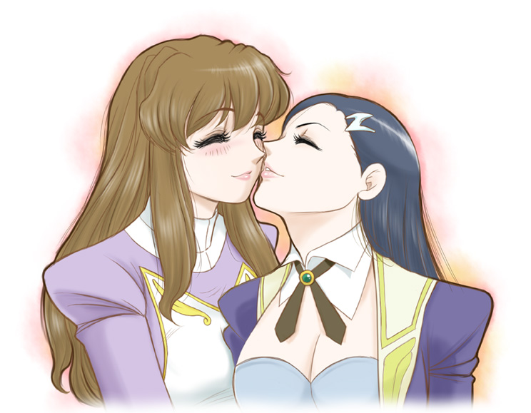 sabachiyo land, natsuki kruger, shizuru viola, my-otome, 00s, 2girls, blue hair, brown hair, closed eyes, couple, long hair, meister otome uniform, multiple girls, yuri