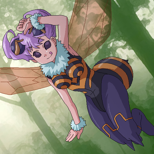 ki (adotadot), q-bee, capcom, darkstalkers, bad id, bad pixiv id, 1girl, :q, antennae, arthropod girl, bee girl, black eyes, breasts, female focus, forest, large breasts, monster girl, nature, outdoors, pantyhose, purple hair, short hair, solid eyes, solo, tongue, tongue out, wings