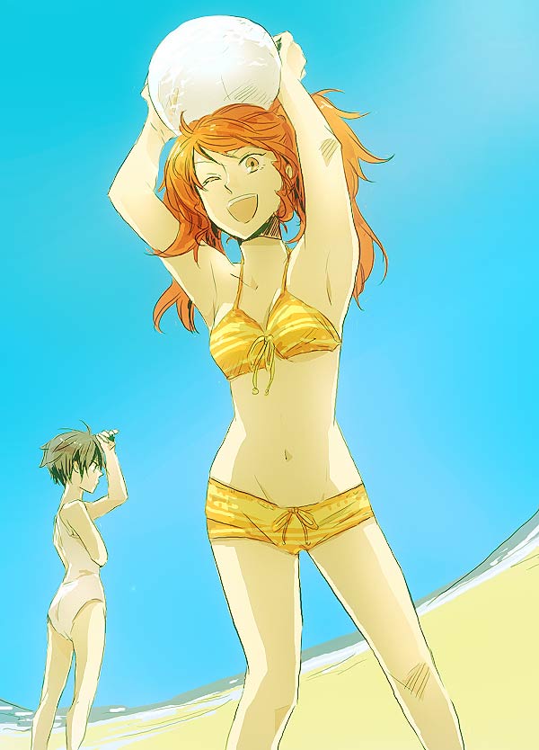 kujikawa rise, shirogane naoto, atlus, persona, persona 4, bad id, bad pixiv id, 2girls, armpits, ball, beach, bikini, black hair, day, midriff, multiple girls, oekaki, one eye closed, red hair, short hair, sky, swimsuit, twintails, wink, yellow eyes