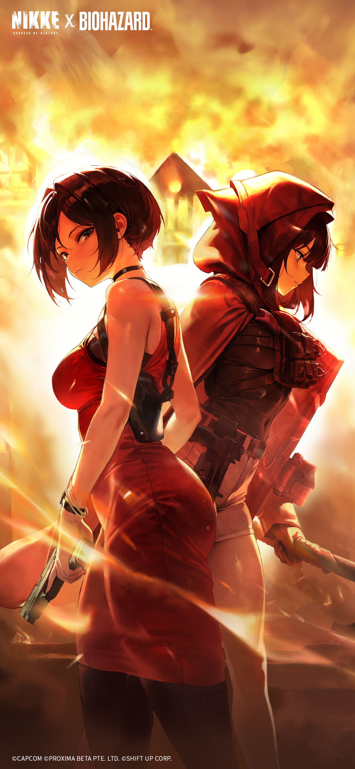ada wong, d (nikke), goddess of victory: nikke, resident evil, absurdres, cropped, highres, 2girls, axe, black gloves, black hair, black pantyhose, bracelet, breasts, brown eyes, building, bullpup, cloak, closed mouth, covered navel, crossover, dress, fire, glock, gloves, gun, handgun, holding, holding axe, holding gun, holding weapon, hood, hooded cloak, jewelry, large breasts, long sleeves, looking at viewer, medium hair, multiple girls, night, outdoors, p90, pantyhose, red dress, red eyes, sidelocks, standing, submachine gun, tomahawk, vest, weapon