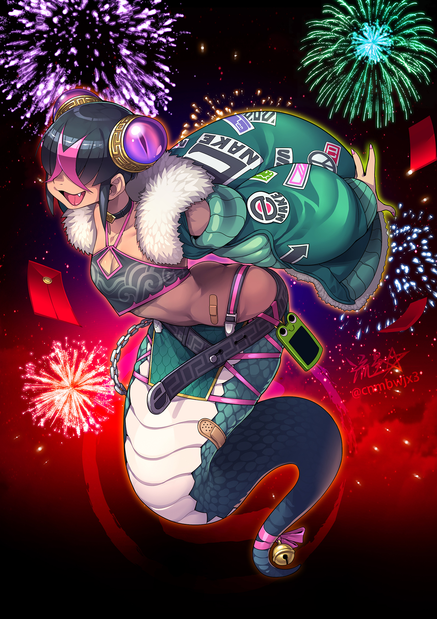 ryuusei (mark ii), original, commentary request, highres, textless version, 1girl, bandaid, bell, belt, black choker, black hair, breasts, chain, chinese clothes, chinese zodiac, choker, cleavage, cleavage cutout, clothing cutout, dudou, extra eyes, fang, fireworks, full body, fur-trimmed jacket, fur trim, hair over eyes, halterneck, jacket, jingle bell, lamia, monster girl, multicolored hair, peace symbol, pink hair, pink ribbon, ribbon, short hair, sidelocks, signature, small breasts, solo, streaked hair, tail, tail bell, tail ornament, tail ribbon, twitter username, two-tone hair, year of the snake