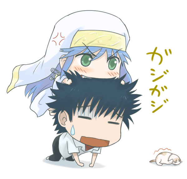 denden, index (toaru majutsu no index), kamijou touma, sphinx (toaru majutsu no index), toaru majutsu no index, habit, 00s, alternate hair color, anger vein, angry, biting, black hair, blue hair, calico (pattern), calico cat, cat, chibi, green eyes, head biting, long hair, safety pin, scared, short hair, sweatdrop