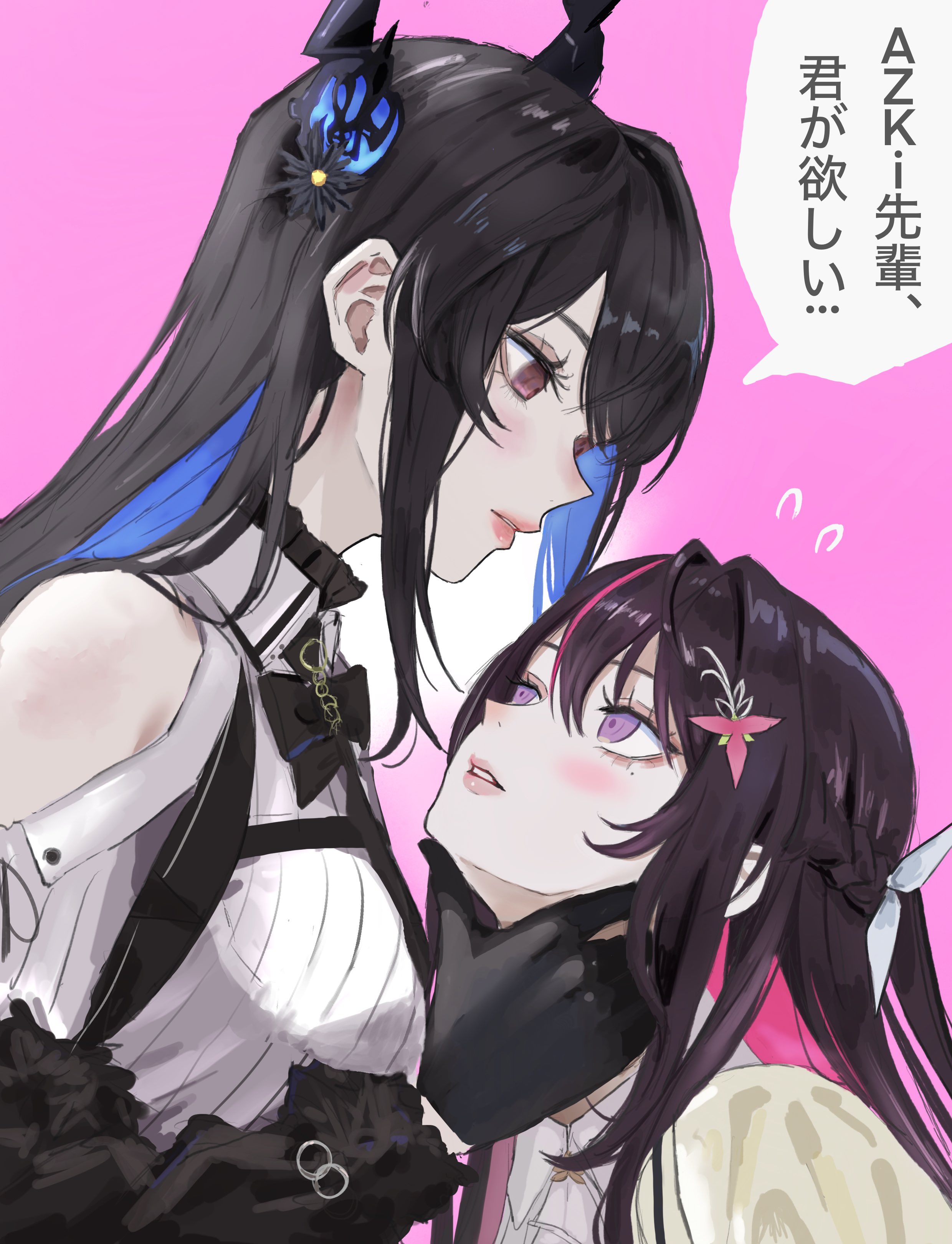 dhbwinner, azki (4th costume) (hololive), azki (hololive), nerissa ravencroft, nerissa ravencroft (1st costume), hololive, hololive english, absurdres, hashtag-only commentary, highres, translation request, 2girls, asymmetrical horns, black bow, black bowtie, black hair, blue hair, blush, bow, bowtie, braid, brown hair, clothing cutout, colored inner hair, demon girl, dress, feather-trimmed sleeves, hair behind ear, hair ornament, half up half down braid, hand on another's cheek, hand on another's face, horns, lips, long hair, looking at another, mole, mole under eye, multicolored hair, multiple girls, parted lips, pink background, pink hair, purple eyes, red eyes, ribbed shirt, shirt, shoulder cutout, speech bubble, uneven horns, virtual youtuber, yuri