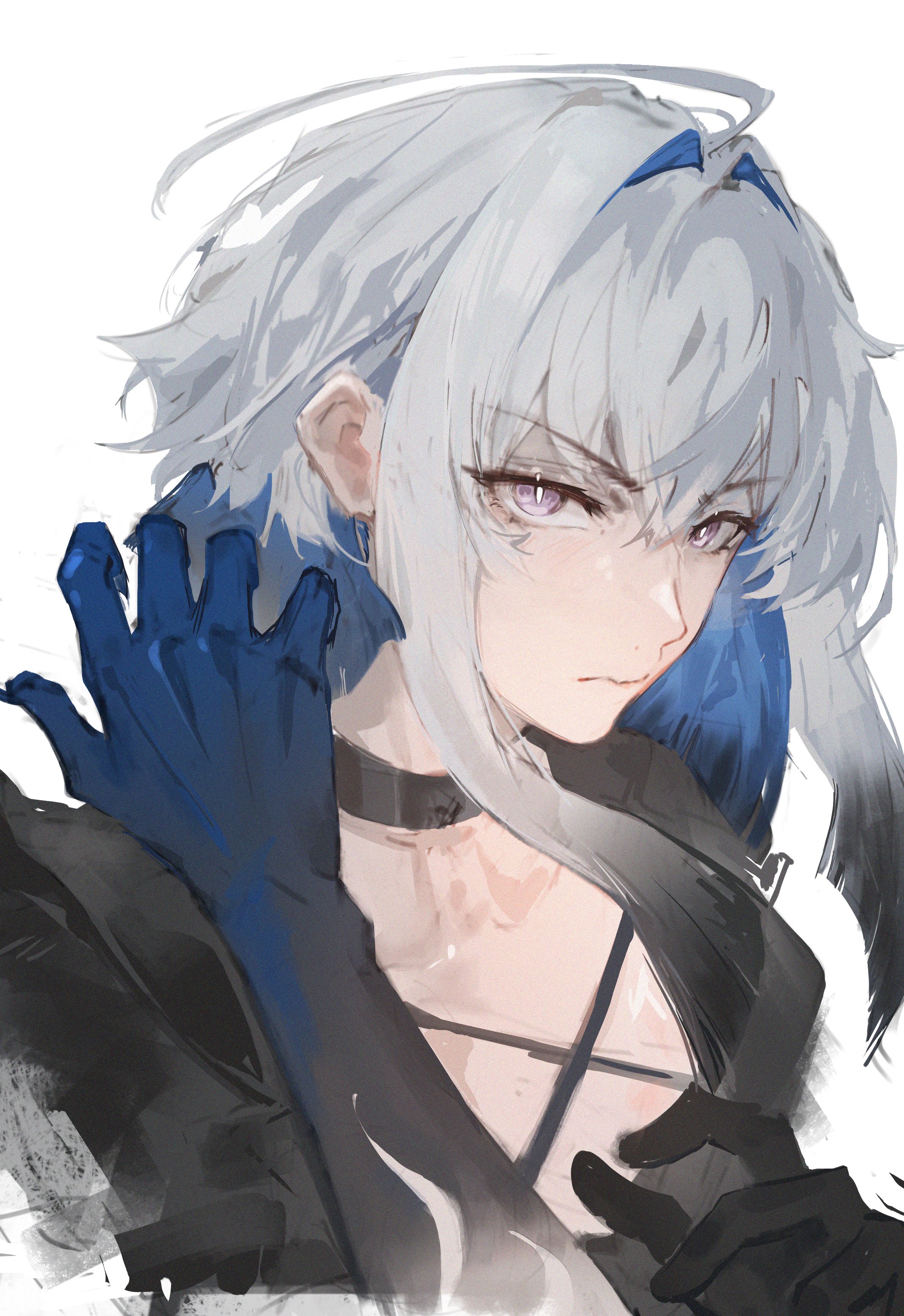 elyzerda, galbrena (wuthering waves), wuthering waves, absurdres, commentary, hashtag-only commentary, highres, 1girl, black choker, black gloves, blue hair, choker, collarbone, colored inner hair, gloves, grey hair, hand up, looking at viewer, medium hair, multicolored hair, mutation, portrait, purple eyes, simple background, single glove, solo, white background