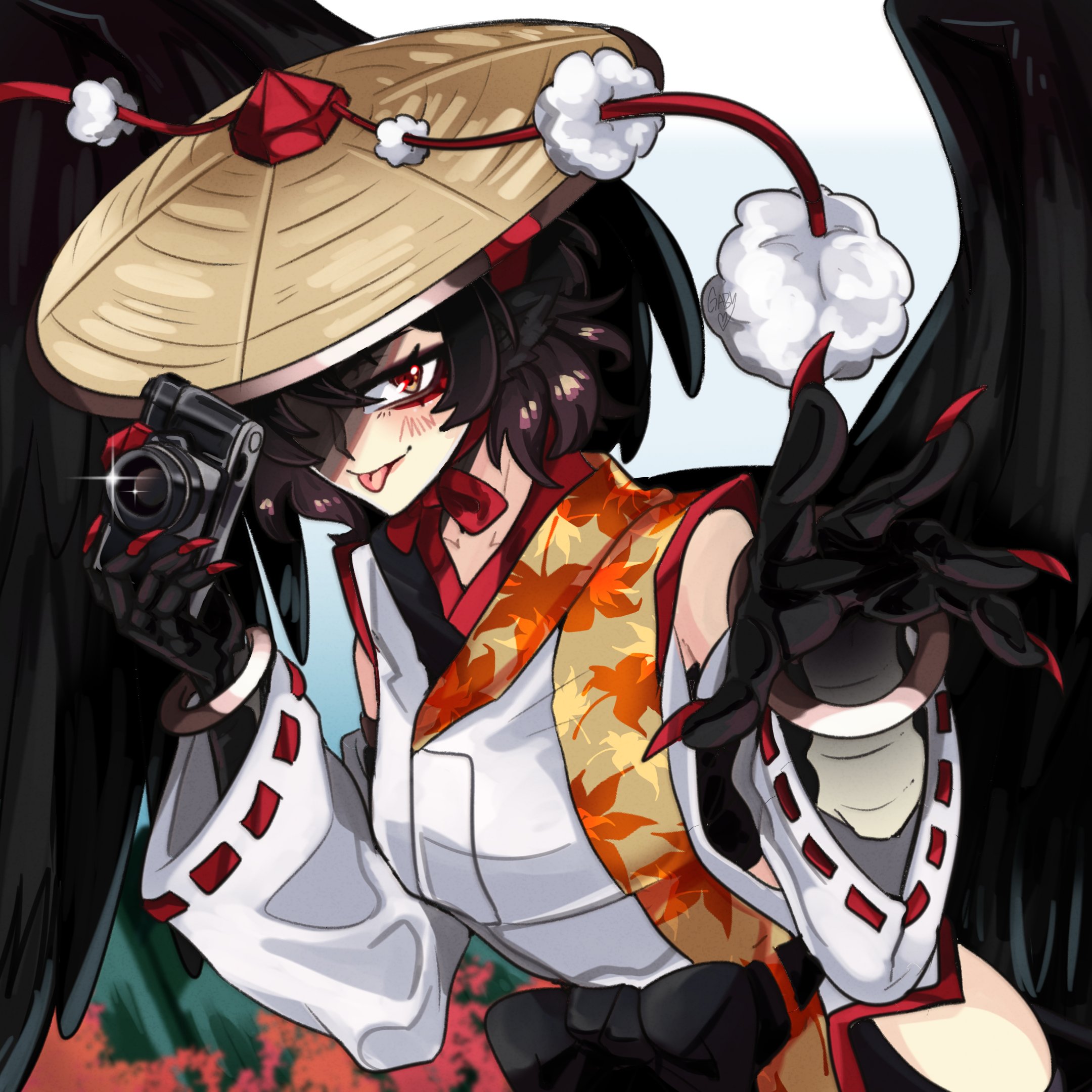 rinnytanart, shameimaru aya, touhou, highres, 1girl, bird wings, black claws, black eyeliner, black hair, black wings, camera, eyeliner, hat, holding, holding camera, kourindou tengu costume, leaf print, looking at viewer, makeup, red eyeliner, red eyes, red hat, red nails, smile, solo, tengu, tokin hat, tongue, tongue out, wings