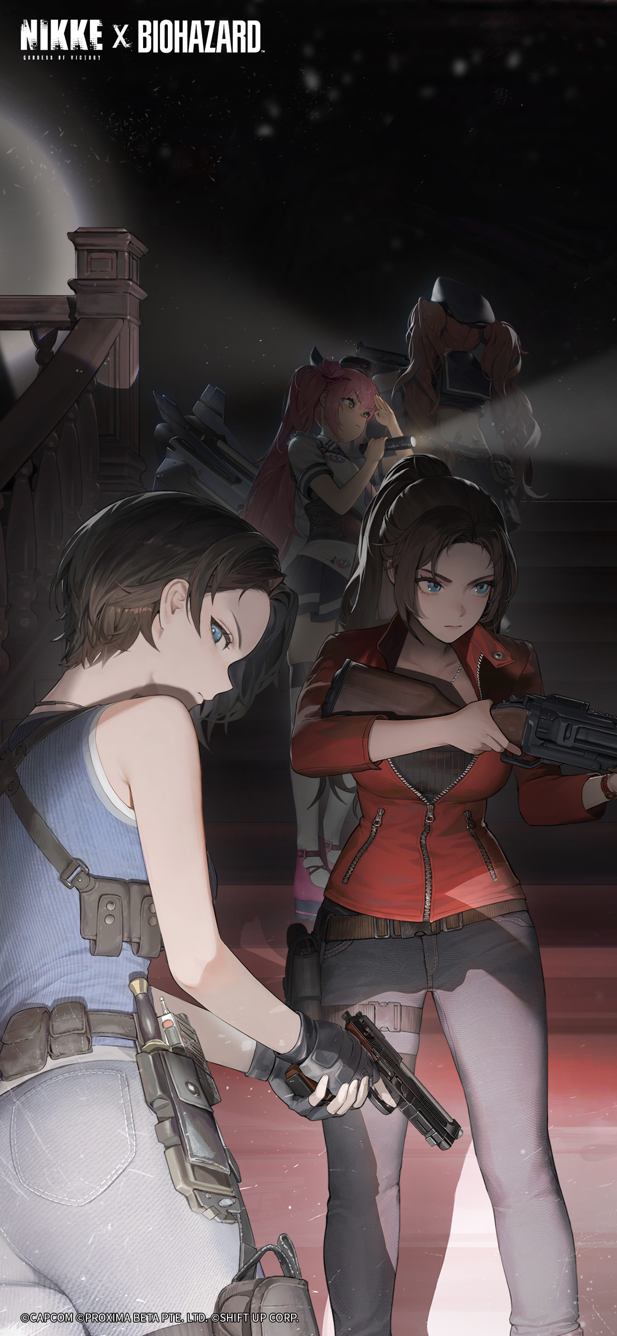 claire redfield, jill valentine, miranda (nikke), quiry (nikke), goddess of victory: nikke, resident evil, absurdres, cropped, highres, beretta 92, black gloves, black shirt, blue eyes, blue skirt, break action, brown hair, closed mouth, collared shirt, crossover, denim, fingerless gloves, flashlight, forehead, gloves, green eyes, grenade launcher, grey pants, gun, handgun, holding, holding flashlight, holding gun, holding weapon, indoors, jacket, jeans, long hair, long sleeves, looking afar, looking at viewer, m79, medium hair, pants, pink hair, ponytail, red jacket, shirt, shotgun, skirt, sleeveless, sleeveless shirt, stairs, standing, twintails, very long hair, walking, weapon, white shirt