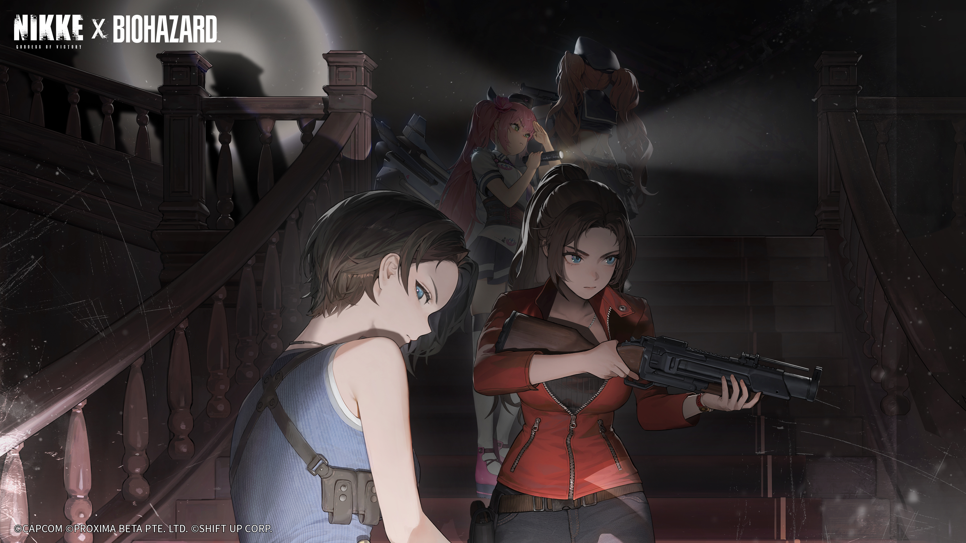 claire redfield, jill valentine, miranda (nikke), quiry (nikke), goddess of victory: nikke, resident evil, absurdres, cropped, highres, black shirt, blue eyes, blue skirt, break action, brown hair, closed mouth, collared shirt, crossover, denim, flashlight, forehead, green eyes, grenade launcher, grey pants, gun, holding, holding flashlight, holding gun, holding weapon, indoors, jacket, jeans, long hair, long sleeves, looking afar, looking at viewer, m79, medium hair, pants, pink hair, ponytail, red jacket, shirt, shotgun, skirt, sleeveless, sleeveless shirt, stairs, standing, twintails, very long hair, walking, weapon, white shirt