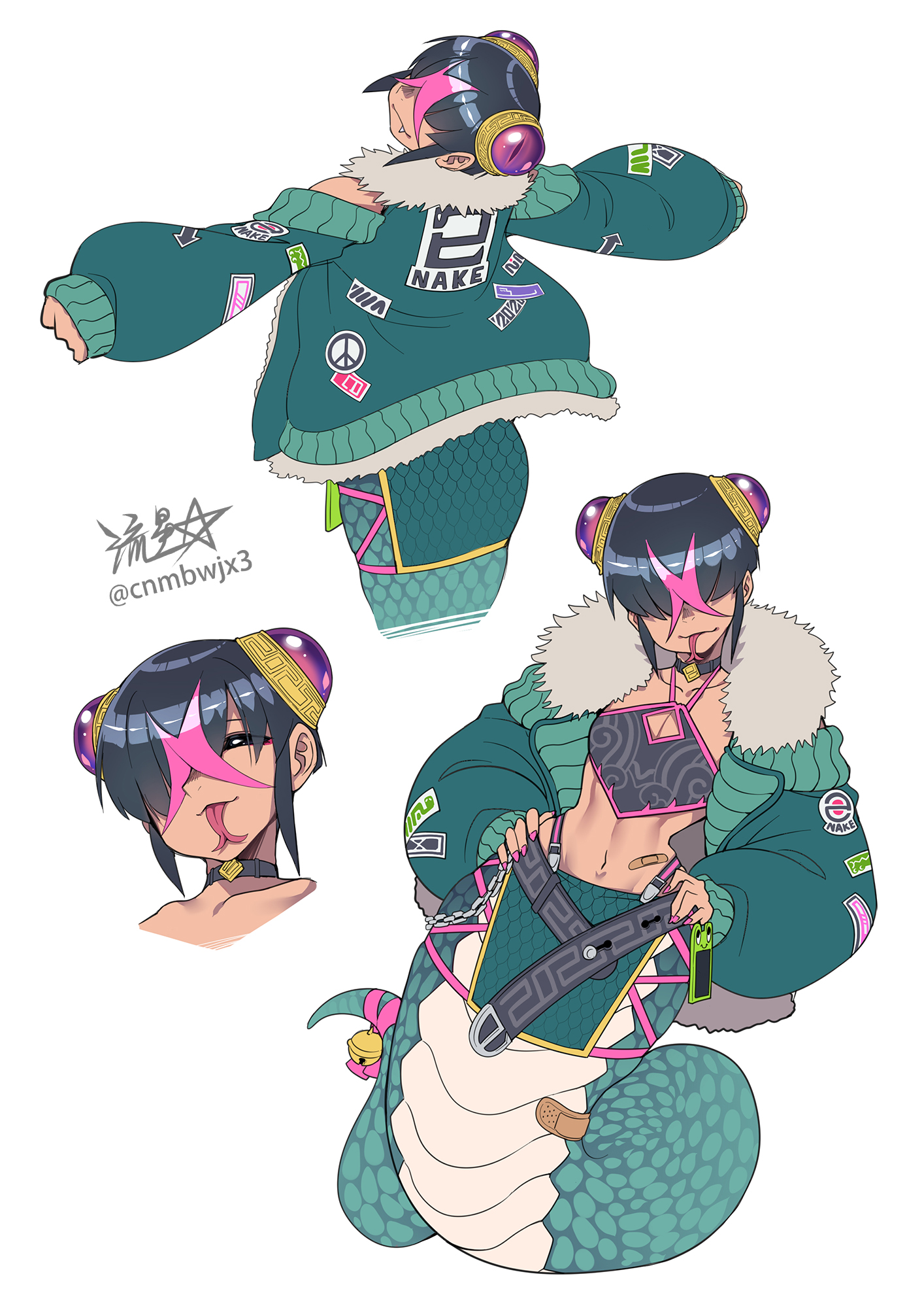 ryuusei (mark ii), original, commentary request, highres, 1girl, bell, belt, black belt, black hair, black nails, breasts, chinese clothes, cleavage, cleavage cutout, clothing cutout, detached sleeves, dudou, extra eyes, eyes visible through hair, fang, forked tongue, fur-trimmed jacket, fur trim, green jacket, hair over eyes, hair over one eye, hands on own hips, jacket, jingle bell, lamia, linea alba, monster girl, navel, outstretched arms, peace symbol, pink hair, pink nails, pink ribbon, ribbon, short hair, sidelocks, sleeves past wrists, small breasts, smile, tail, tail bell, tail ornament, tail ribbon, tongue