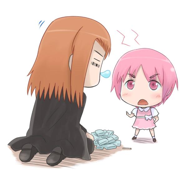 denden, stiyl magnus, tsukuyomi komoe, toaru majutsu no index, 00s, chibi, cigarette, hand on own hip, hip focus, nose bubble, orange hair, pink eyes, pink hair, short hair, sleeping