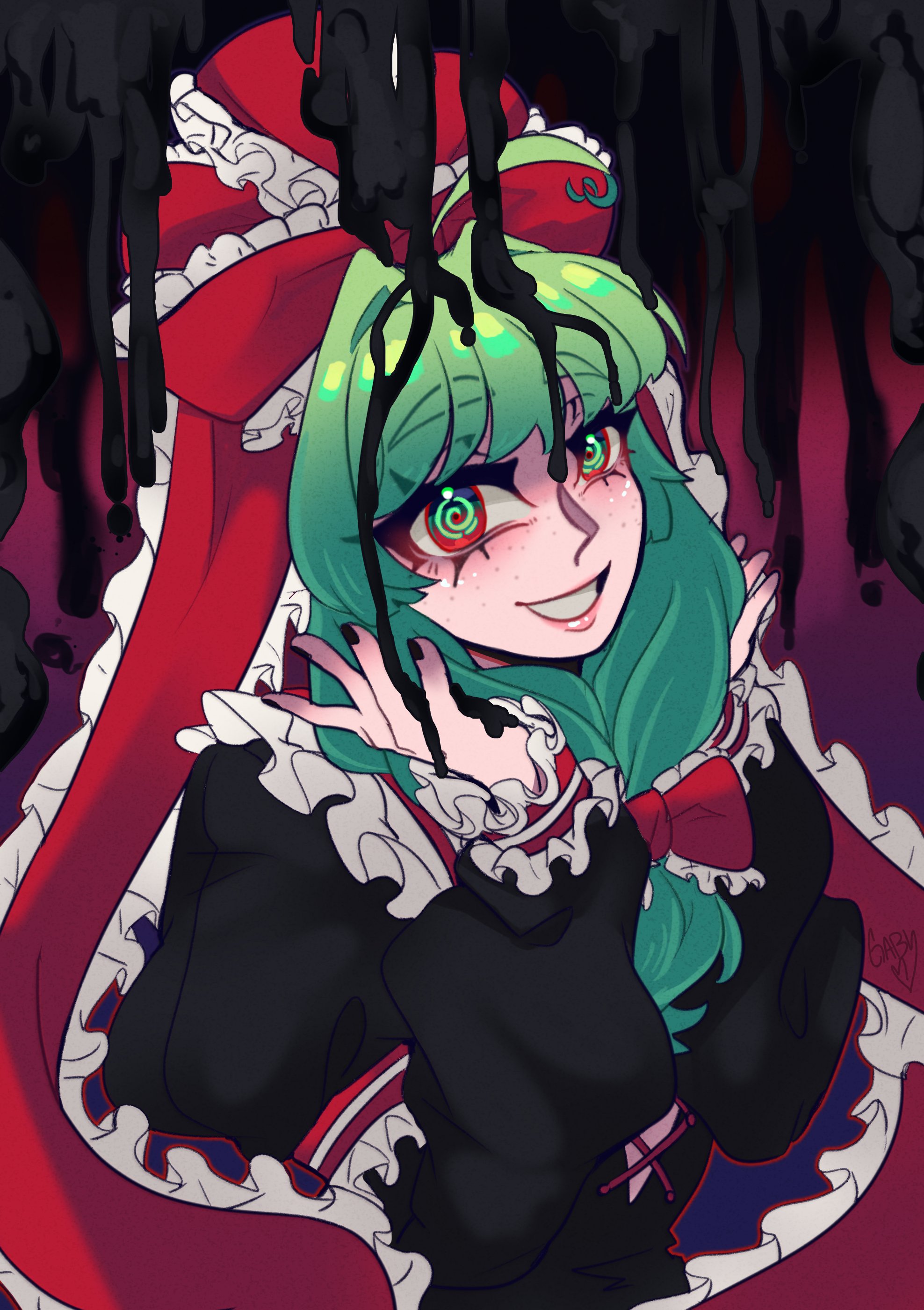 rinnytanart, kagiyama hina, touhou, absurdres, highres, 1girl, arm ribbon, black dress, black eyeliner, bow, dress, eyeliner, frilled bow, frilled ribbon, frills, front ponytail, green eyes, green hair, hair bow, hair ribbon, makeup, red eyeliner, red ribbon, ribbon, smile, solo