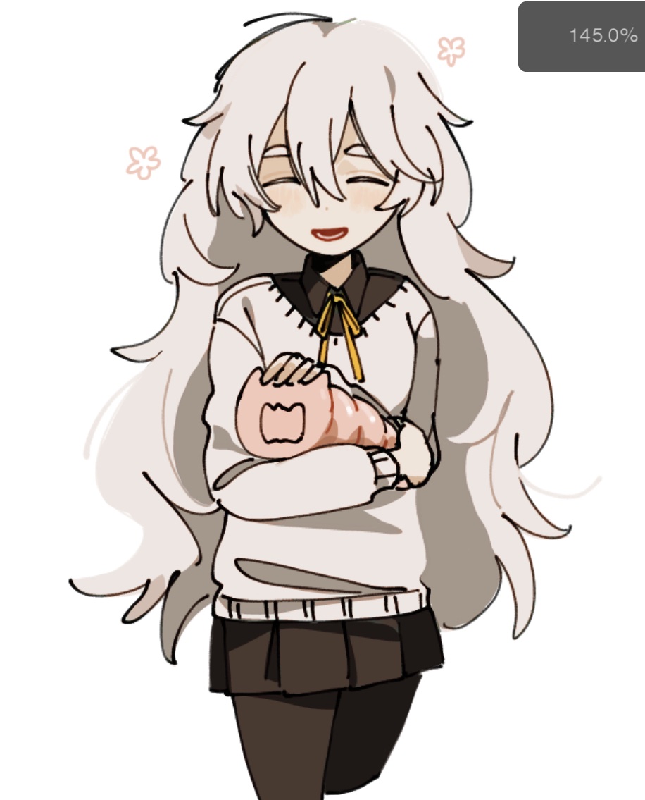 salmonfresh124, charlotte wiltshire, hello charlotte, commentary, 1girl, ahoge, animal, art program in frame, black pantyhose, black skirt, closed eyes, cropped legs, facing viewer, flower symbol, hair between eyes, headpat, holding, holding animal, long hair, long sleeves, lower teeth only, magcat, messy hair, open mouth, pantyhose, pleated skirt, ribbon, simple background, sketch, skirt, smile, standing, sweater, teeth, very long hair, wavy hair, white background, white hair, white sweater, yellow ribbon
