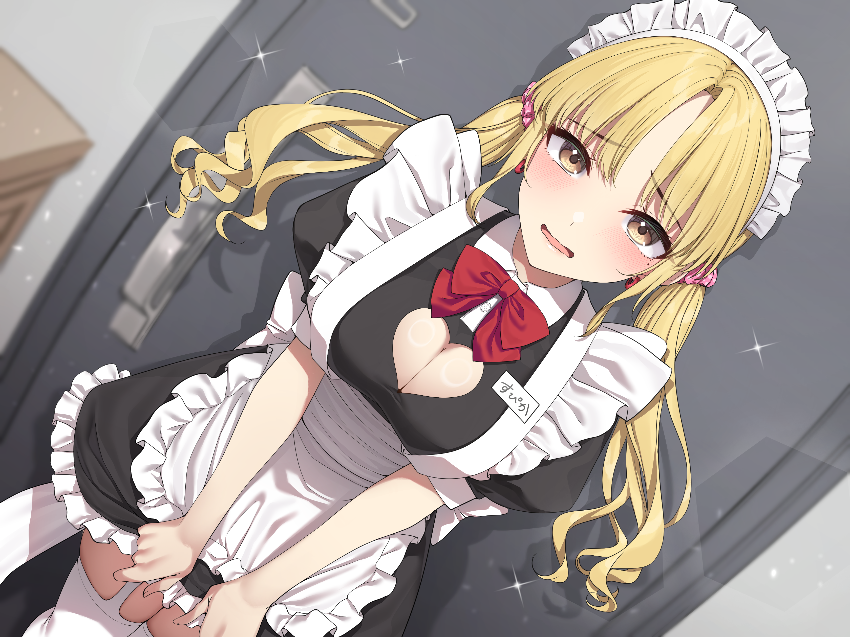 go-1, original, absurdres, highres, 1girl, blonde hair, bow, bowtie, breasts, clothing cutout, garter straps, gyaru, heart cutout, large breasts, long hair, looking at viewer, low twintails, maid, maid headdress, red bow, red bowtie, thighhighs, twintails, white thighhighs