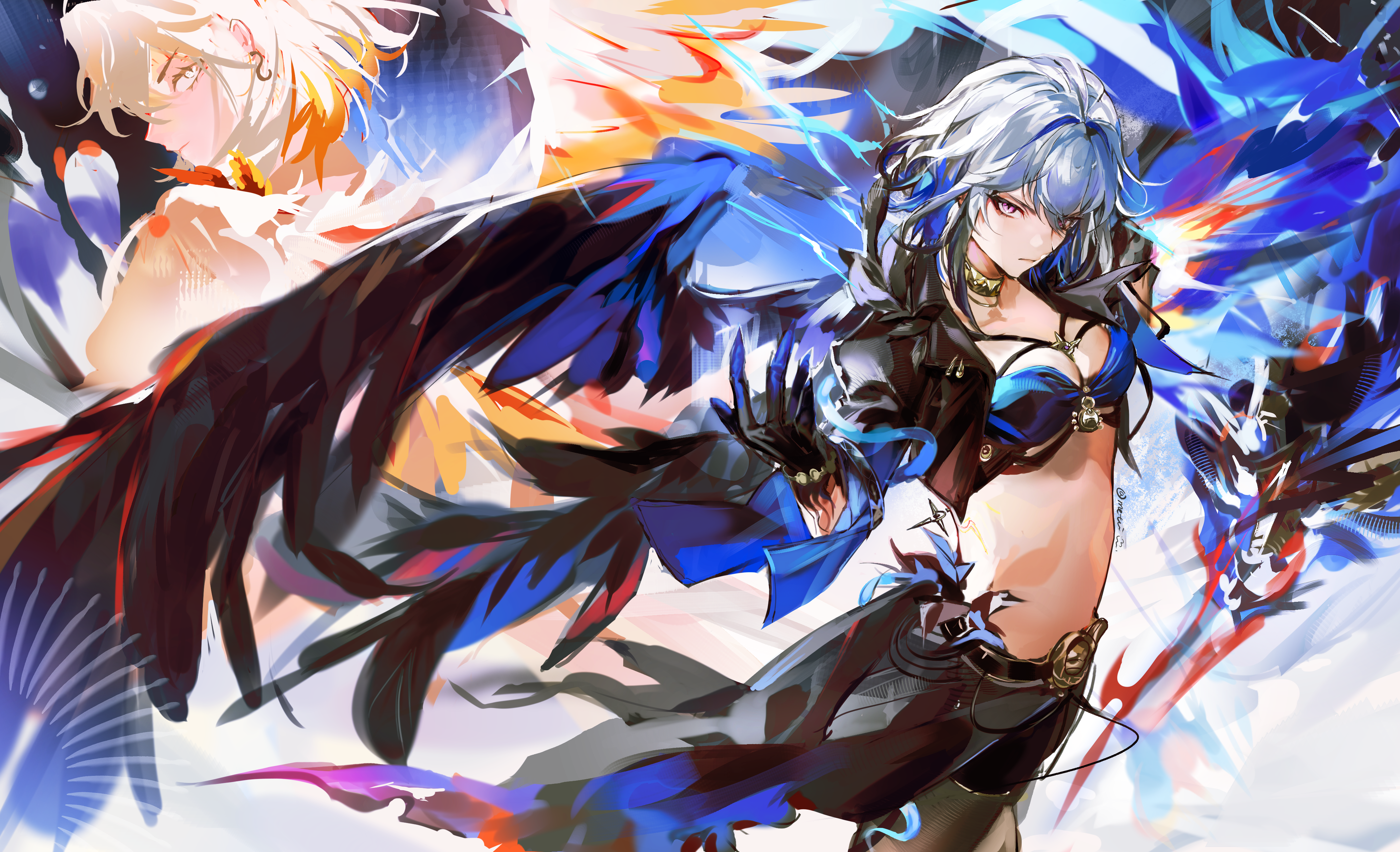 galbrena (wuthering waves), wuthering waves, absurdres, highres, 1girl, artist name, asymmetrical wings, black jacket, black pantyhose, black shorts, black wings, blue bra, bra, breasts, cleavage, closed mouth, cropped jacket, dual persona, feathered wings, gold choker, grey hair, hand up, jacket, looking at viewer, medium breasts, mismatched wings, missing commentary, mutation, pantyhose, purple eyes, san zui xiaolian mo, shorts, stomach, underwear, wings