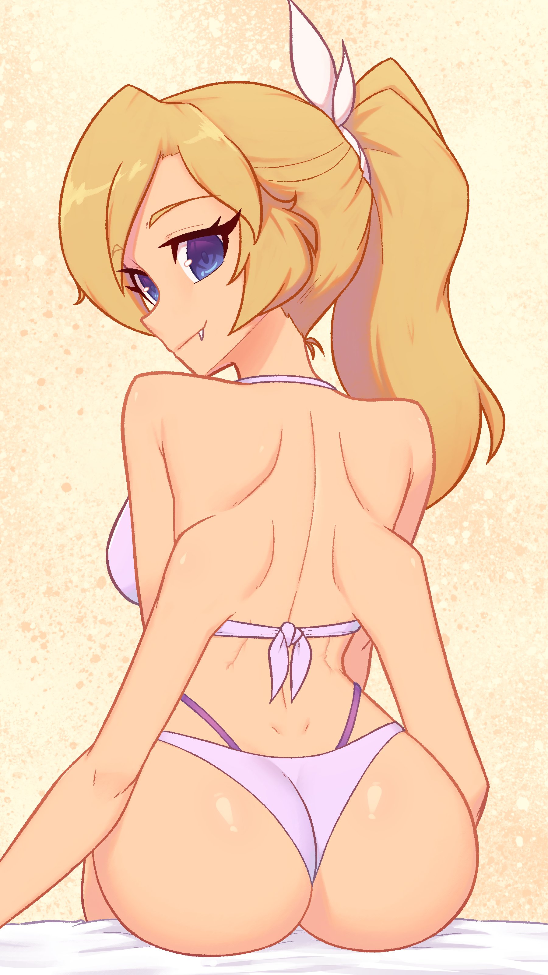 xyronii, nelly (xyronii), original, absurdres, highres, 1girl, ass, bikini, blonde hair, blue eyes, breasts, closed mouth, extra arms, fang, from behind, looking at viewer, looking back, ponytail, purple bikini, sitting, solo, swimsuit, yellow background