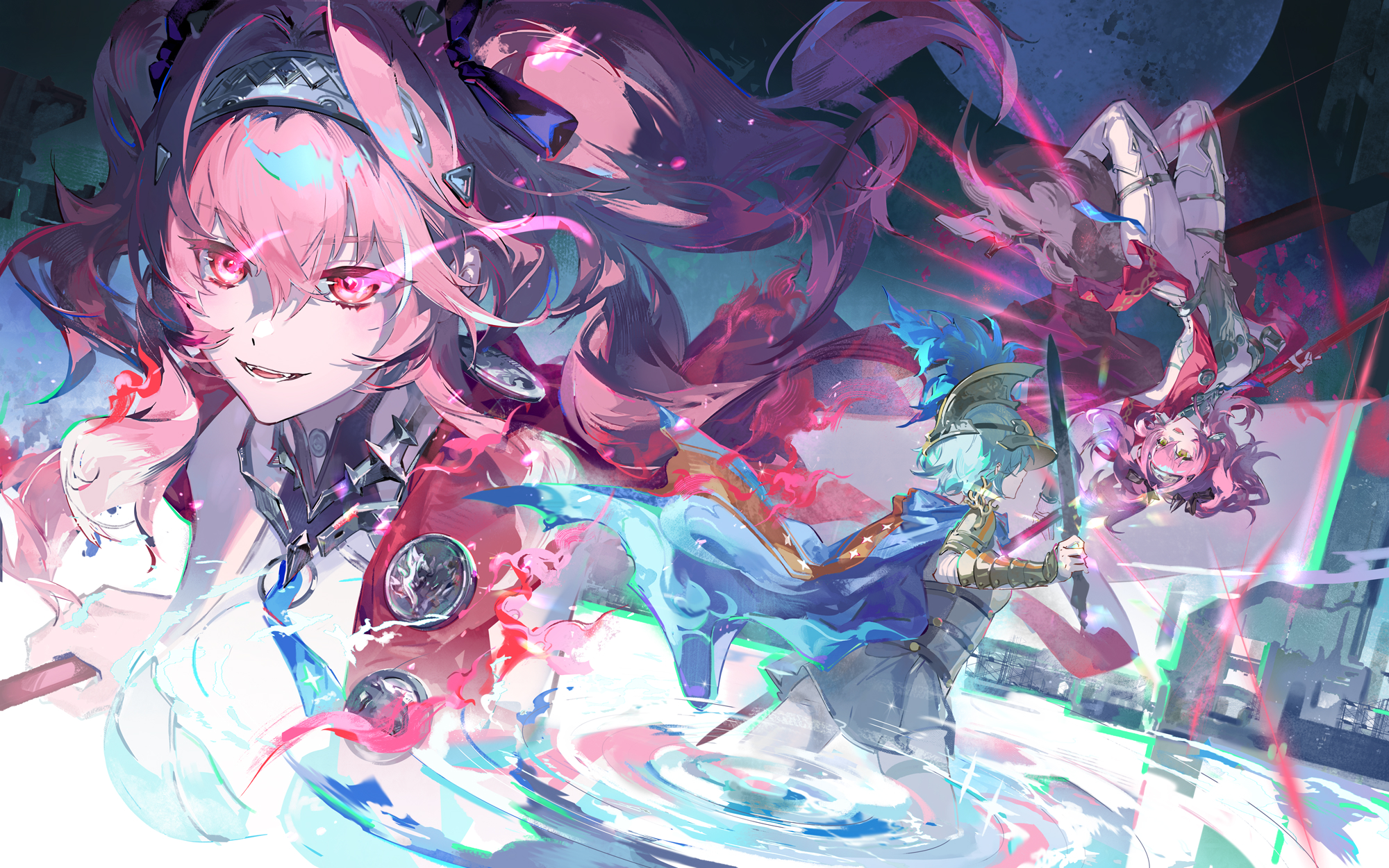 qingming tiaohetu, lupa (wuthering waves), mya (wuthering waves), wuthering waves, highres, 2girls, armor, blue hair, bodysuit, boots, breastplate, breasts, collar, hair between eyes, hairband, helmet, holding, holding polearm, holding sword, holding weapon, knight, long hair, medium breasts, metal collar, metal hairband, missing commentary, multiple girls, multiple views, open mouth, pink hair, polearm, red sash, ripples, sash, smile, sword, tail, thigh boots, weapon, white bodysuit, white boots, wolf tail, wrist guards