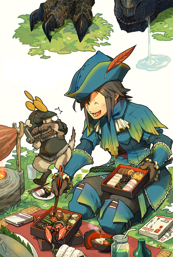 nessie, nessie (kska), felyne, hermitaur, melahoa, tigrex, capcom, monster hunter (series), bad id, bad pixiv id, food request, 1boy, ^ ^, black hair, chibikemo, chopsticks, closed eyes, feathers, fish, flower, food, gloves, grass, lobster, male focus, melahoa (armor), monster, mushroom, omelet, onigiri, open mouth, outdoors, picnic, plate, rotisserie, saliva, seiza, shiitake, sitting, solo, surprised, white background, x x