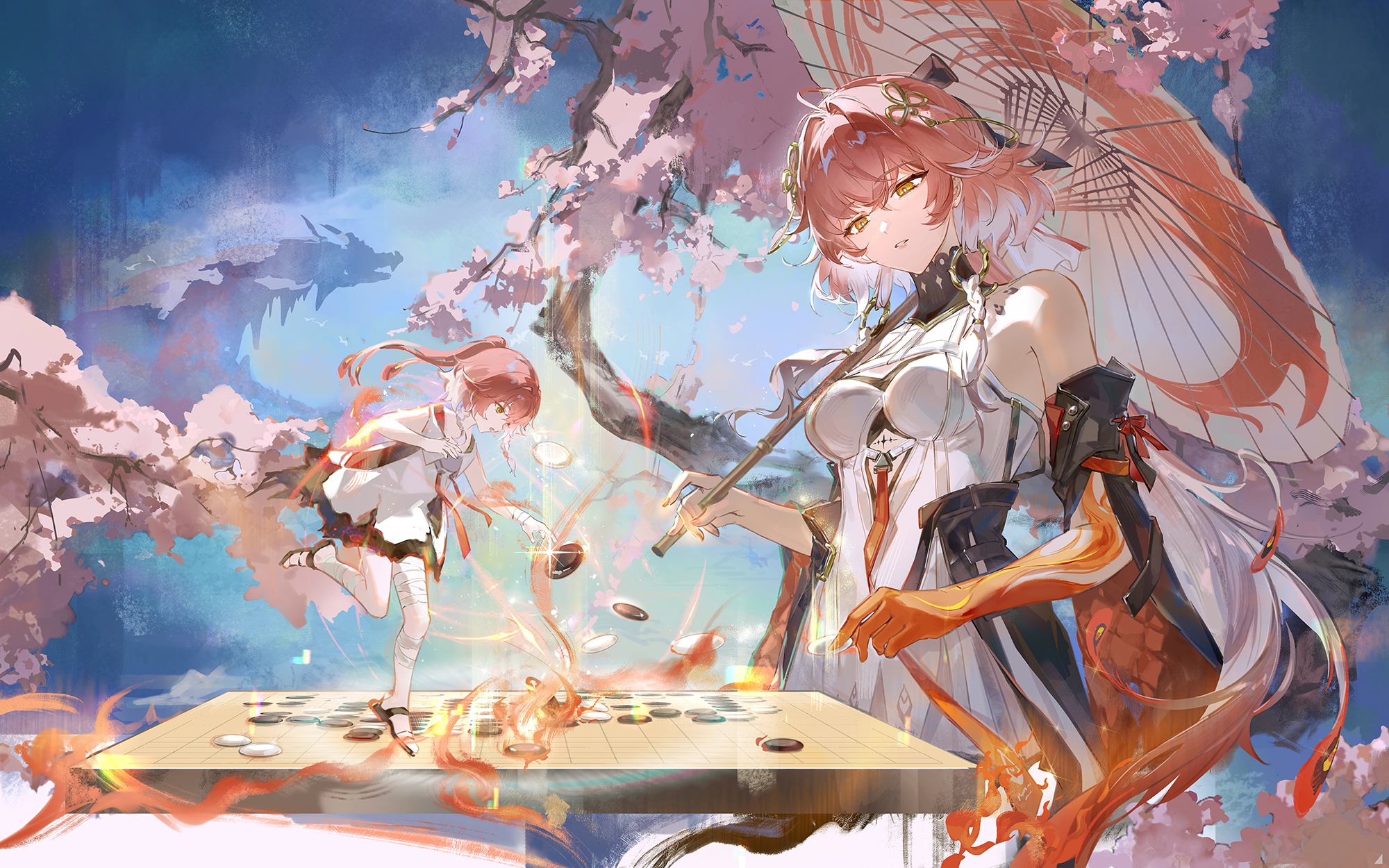 qingming tiaohetu, changli (wuthering waves), wuthering waves, highres, 2girls, age comparison, bandaged leg, bandages, bare shoulders, black collar, black jacket, black sleeves, board game, body markings, braid, breasts, collar, colored extremities, detached sleeves, dress, feather hair, go (board game), hair extensions, holding, holding go stone, holding umbrella, jacket, long hair, looking at another, medium breasts, missing commentary, multicolored hair, multiple girls, oil-paper umbrella, parted lips, pink hair, red hands, ring hair extensions, twin braids, two-tone hair, umbrella, very long hair, white dress, white hair, white umbrella, yellow eyes