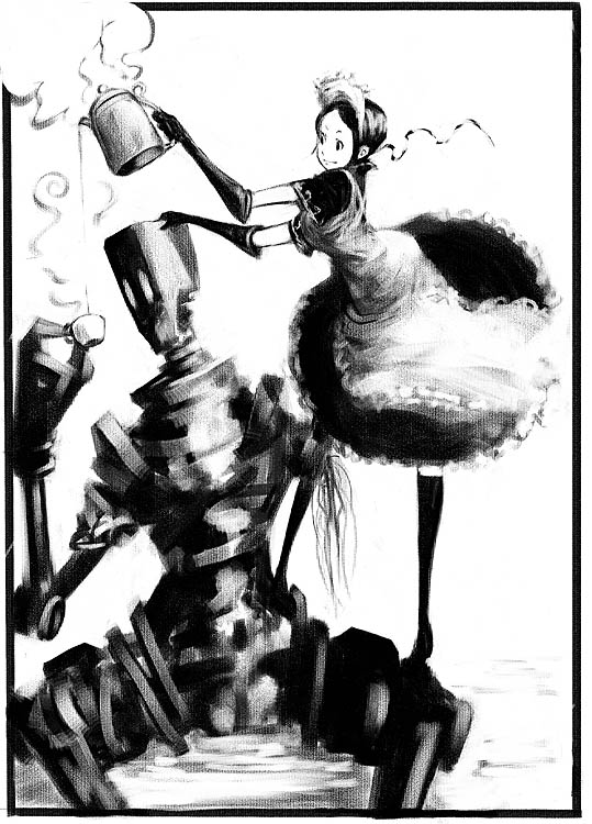 ichigoo, original, tagme, 1girl, gloves, greyscale, maid, monochrome