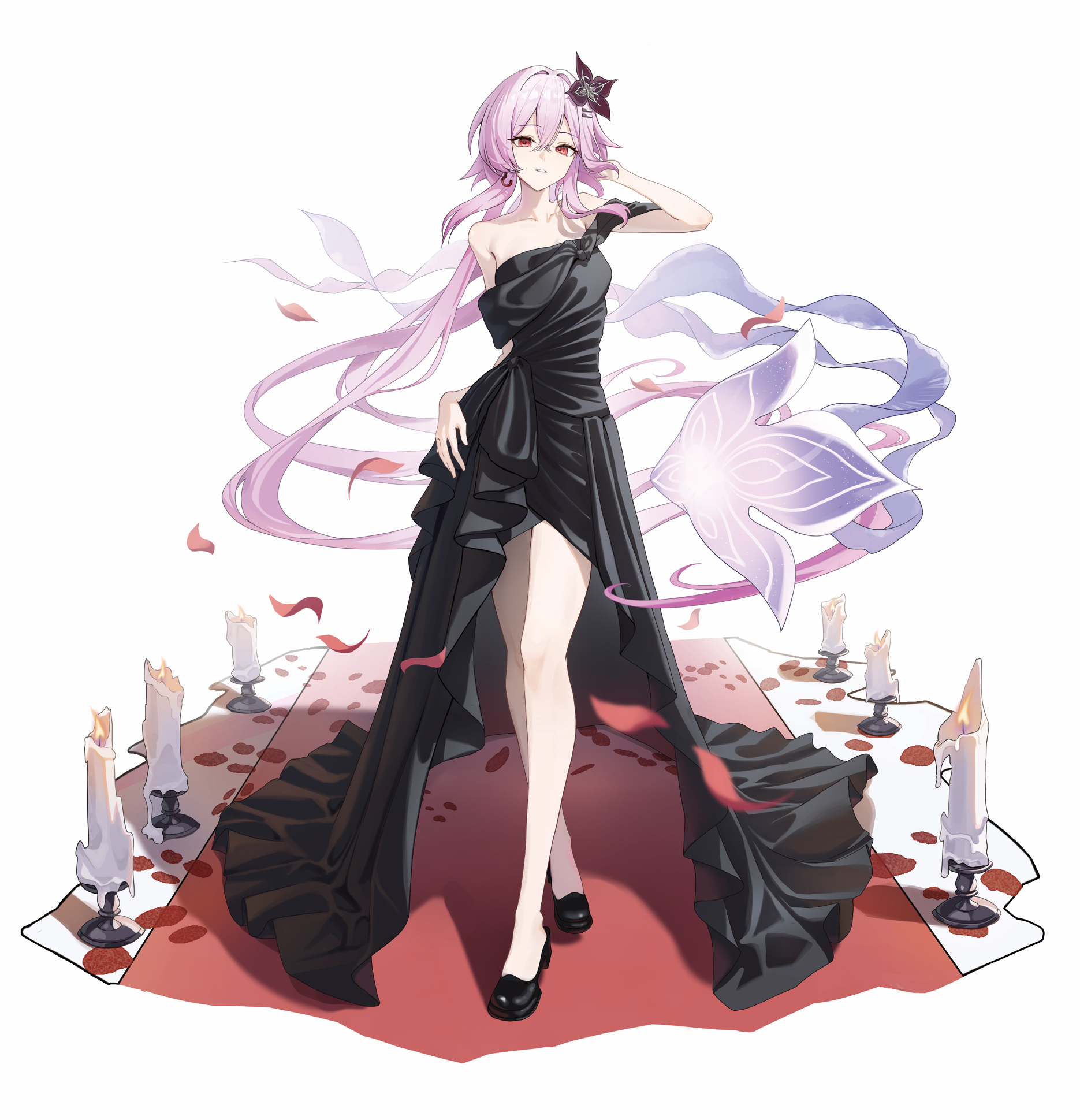 habi (kyuri 318), evernight (honkai: star rail), march 7th (honkai: star rail), honkai: star rail, honkai (series), highres, 1girl, alternate costume, bare shoulders, black dress, black shoes, candle, crossed legs, dress, evey (honkai: star rail), full body, hair intakes, hair ornament, long hair, looking at viewer, off-shoulder dress, off shoulder, pink hair, red eyes, shadow, shoes, short sleeves, simple background, solo, standing, very long hair, watson cross, white background