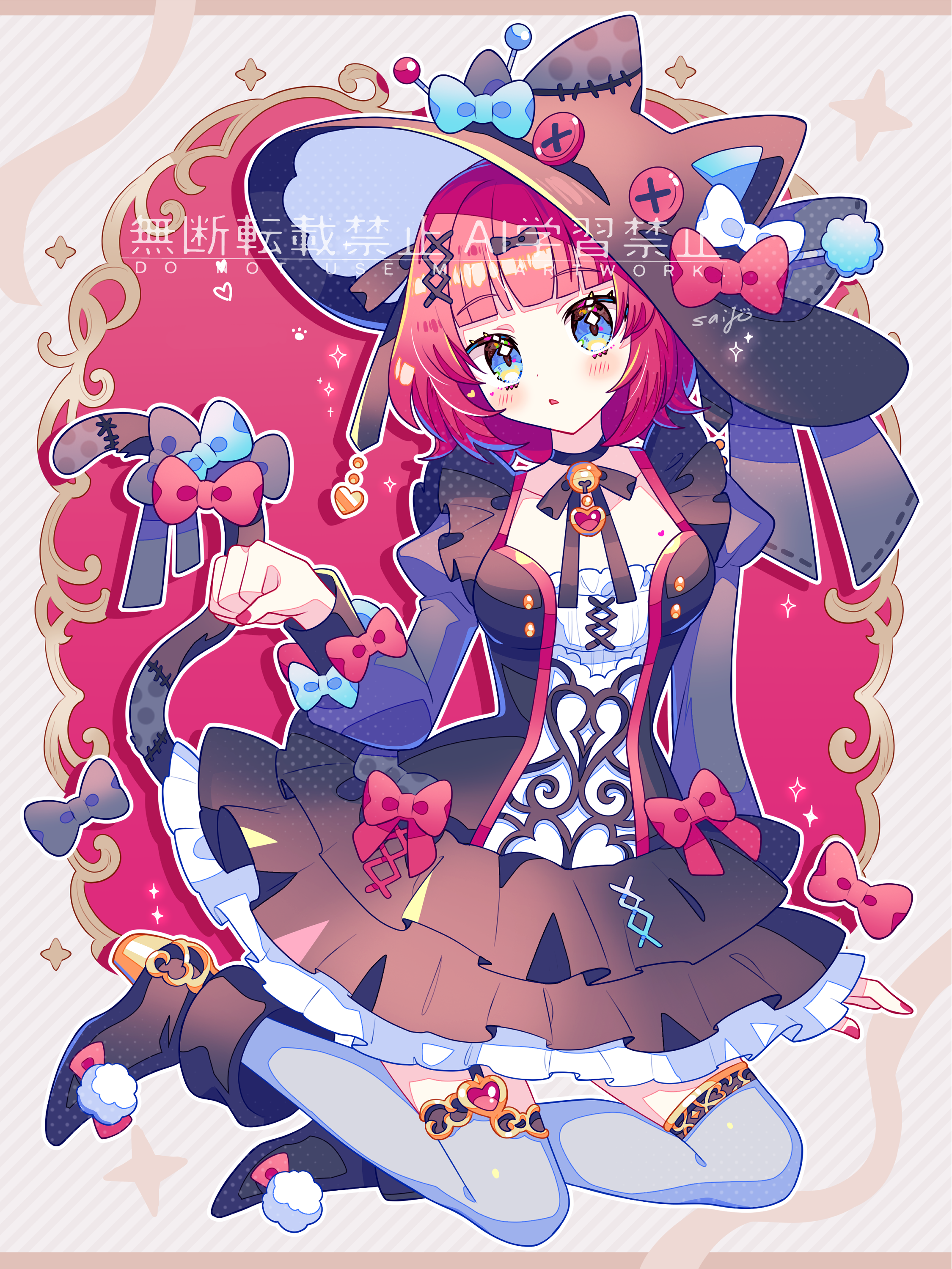 saijo1201, original, absurdres, highres, 1girl, animal ears, black boots, black bow, black choker, black dress, black hat, blue bow, blue eyes, blue thighhighs, blunt bangs, blush, boots, bow, cat ears, cat girl, cat tail, choker, dress, drop shadow, frilled dress, frills, full body, hair ornament, hat, high heel boots, high heels, juliet sleeves, long sleeves, looking at viewer, open mouth, outline, pink background, pink hair, puffy sleeves, red bow, ribbon choker, short hair, sitting, sleeve bow, solo, tail, tail bow, tail ornament, thighhighs, watermark, white outline, x hair ornament