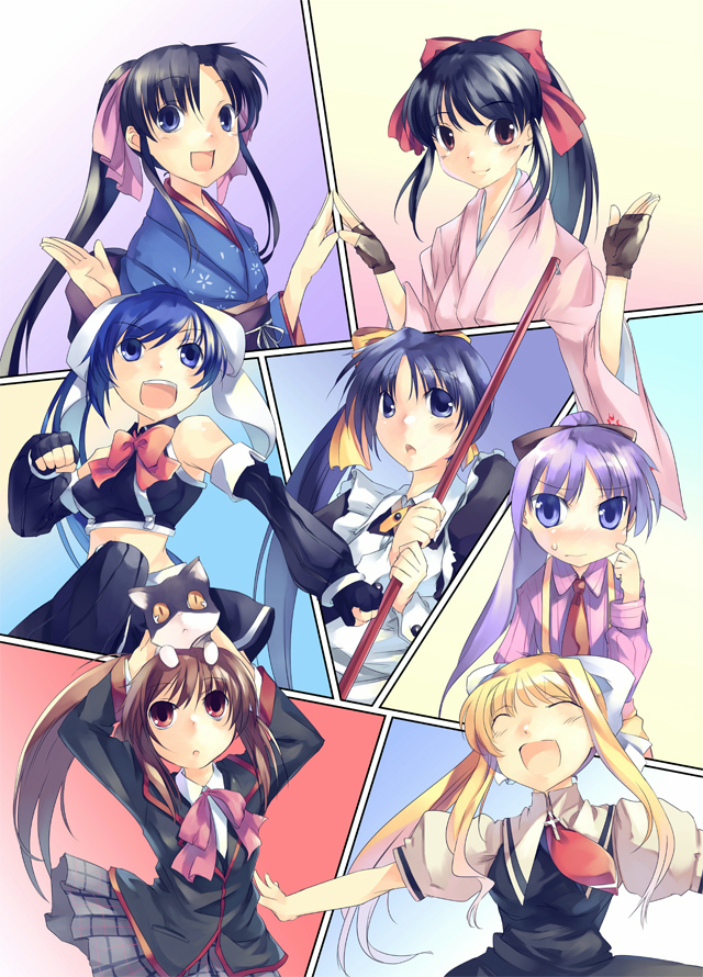 hiiragi kagami, itou noemi, kamio misuzu, kamiya kaoru, natsume rin, shinguuji sakura, yuri (quiz magic academy), air (visual novel), little busters!, lucky star, quiz magic academy, rurouni kenshin, sakura taisen, with you, character request, 00s, 6+girls, animal, animal on head, blonde hair, bow, cat, cat on head, crossover, detached sleeves, fingerless gloves, gloves, high side ponytail, japanese clothes, kimono, maid, multiple crossover, multiple girls, on head, pink bow, ponytail, red bow, school uniform