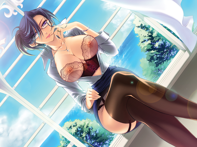 migiwa hasu, original, bad id, bad pixiv id, 1girl, black thighhighs, blue hair, bracelet, breasts, bustier, clothes lift, cross, crossed legs, day, dutch angle, female focus, garter belt, glasses, jewelry, lace, large breasts, lens flare, lingerie, looking at viewer, mature female, naughty face, necklace, nipples, open clothes, open shirt, pencil skirt, purple eyes, ring, see-through clothes, shirt, sitting, skirt, skirt lift, sleeves rolled up, solo, teacher, thighhighs, underwear, wedding band