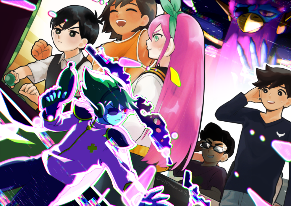 4747moonwalk, aubrey (faraway) (omori), aubrey (omori), captain spaceboy, hero (faraway) (omori), hero (omori), kel (faraway) (omori), kel (omori), sunny (omori), omori, commentary request, 1girl, 6+boys, :d, ^ ^, adjusting eyewear, alternate hair color, angry, antenna hair, arcade cabinet, arcade stick, armor, beard, black-framed eyewear, black eyes, black hair, black sailor collar, black shirt, black sweater vest, blue skin, bow hairband, brothers, clenched hand, clenched teeth, closed eyes, collared shirt, colored skin, controller, cowboy shot, dark-skinned male, dark skin, double-parted bangs, dutch angle, energy gun, eyepatch, facial hair, father and son, game controller, glasses, green eyes, green hairband, grey pants, grin, hair behind ear, hair between eyes, hairband, hand on own ear, holding ray gun, jacket, joystick, long beard, long hair, looking at another, multiple boys, no sclera, official alternate hair color, one eye covered, open mouth, orange shirt, outline, pants, pink hair, pink jacket, pinkbeard (omori), ray gun, red shirt, sailor collar, shirt, shopkeep (omori), short hair, shoulder armor, siblings, sleeveless, sleeveless shirt, smile, sparkle, straight hair, sweatdrop, sweater vest, teeth, turtleneck, turtleneck jacket, twitter username, upper teeth only, v-neck, v-shaped eyebrows, very short hair, weapon, white jacket, white outline, white shirt, white trim