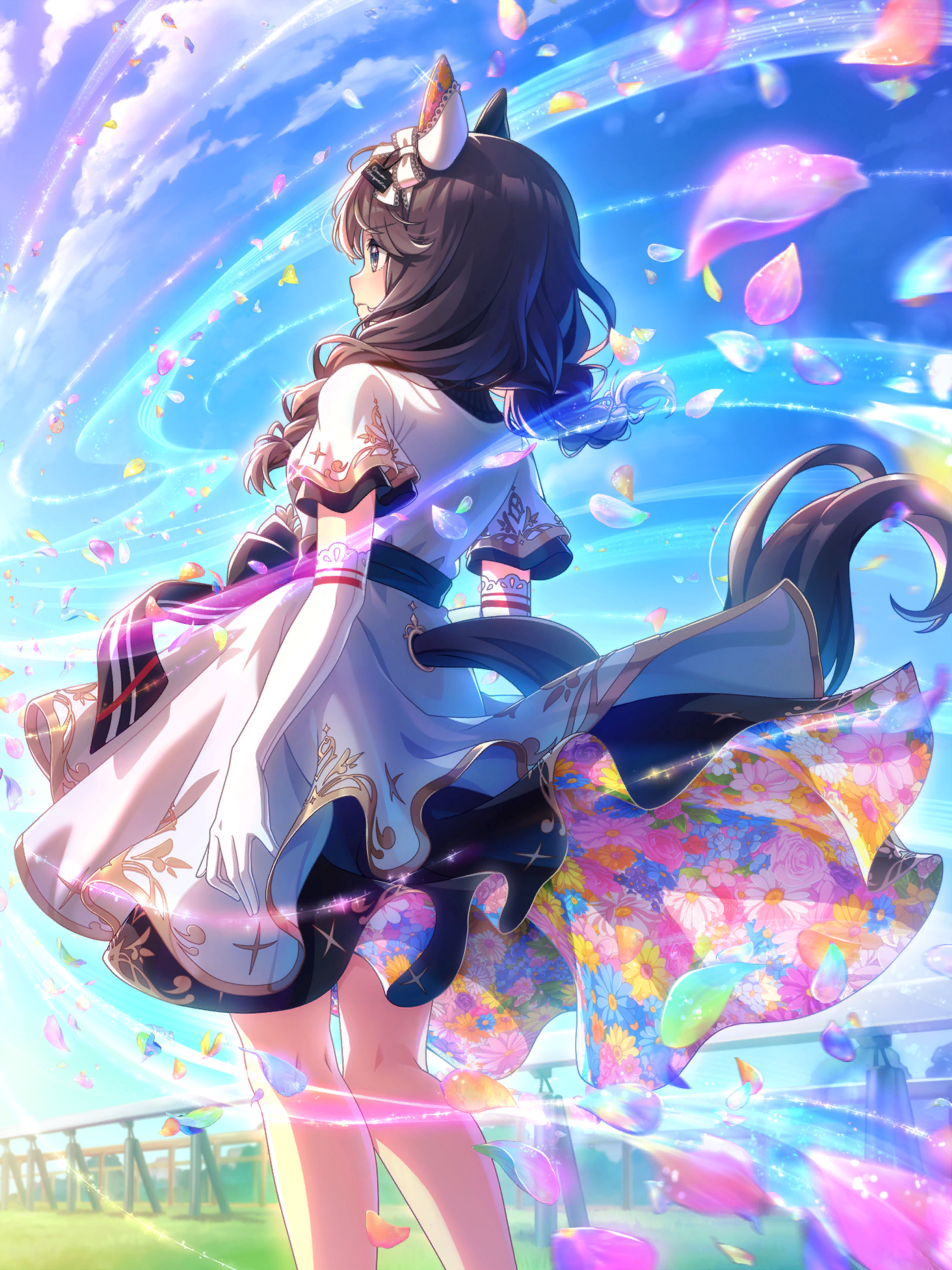 curren bouquetd'or (umamusume), umamusume, absurdres, bad link, commentary request, highres, official art, 1girl, animal ears, blush, braid, breasts, closed mouth, dress, elbow gloves, gloves, grass, hair between eyes, hair ornament, horse ears, horse girl, horse tail, long hair, low twin braids, petals, racetrack, sky, standing, tail, twin braids, wind