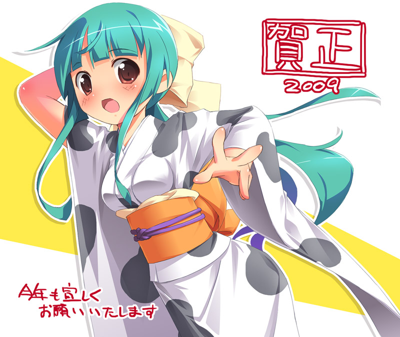 pu-en, 00s, 1girl, 2009, animal print, blush, bow, cow print, embarrassed, female focus, green hair, hair bow, japanese clothes, kimono, long hair, new year, open mouth, pink eyes, ponytail, solo