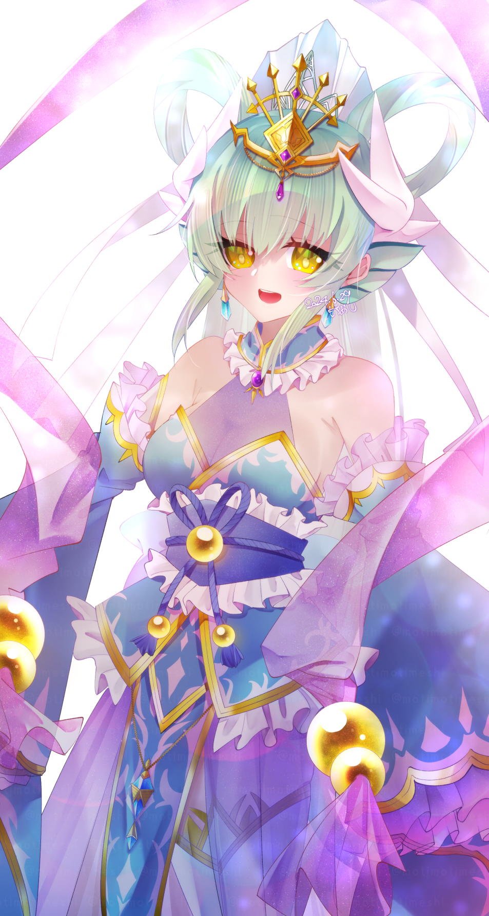 motimotimeshi, kiyohime (fate), fate/grand order, fate (series), highres, 1girl, blush, breasts, cleavage, detached sleeves, dragon girl, dragon horns, dress, earrings, green hair, hair between eyes, hair ornament, hair rings, horns, jewelry, long hair, long sleeves, looking at viewer, medium breasts, official alternate costume, official alternate hairstyle, open mouth, otohime kiyohime (fate), sleeveless, sleeveless dress, smile, solo, very long hair, yellow eyes