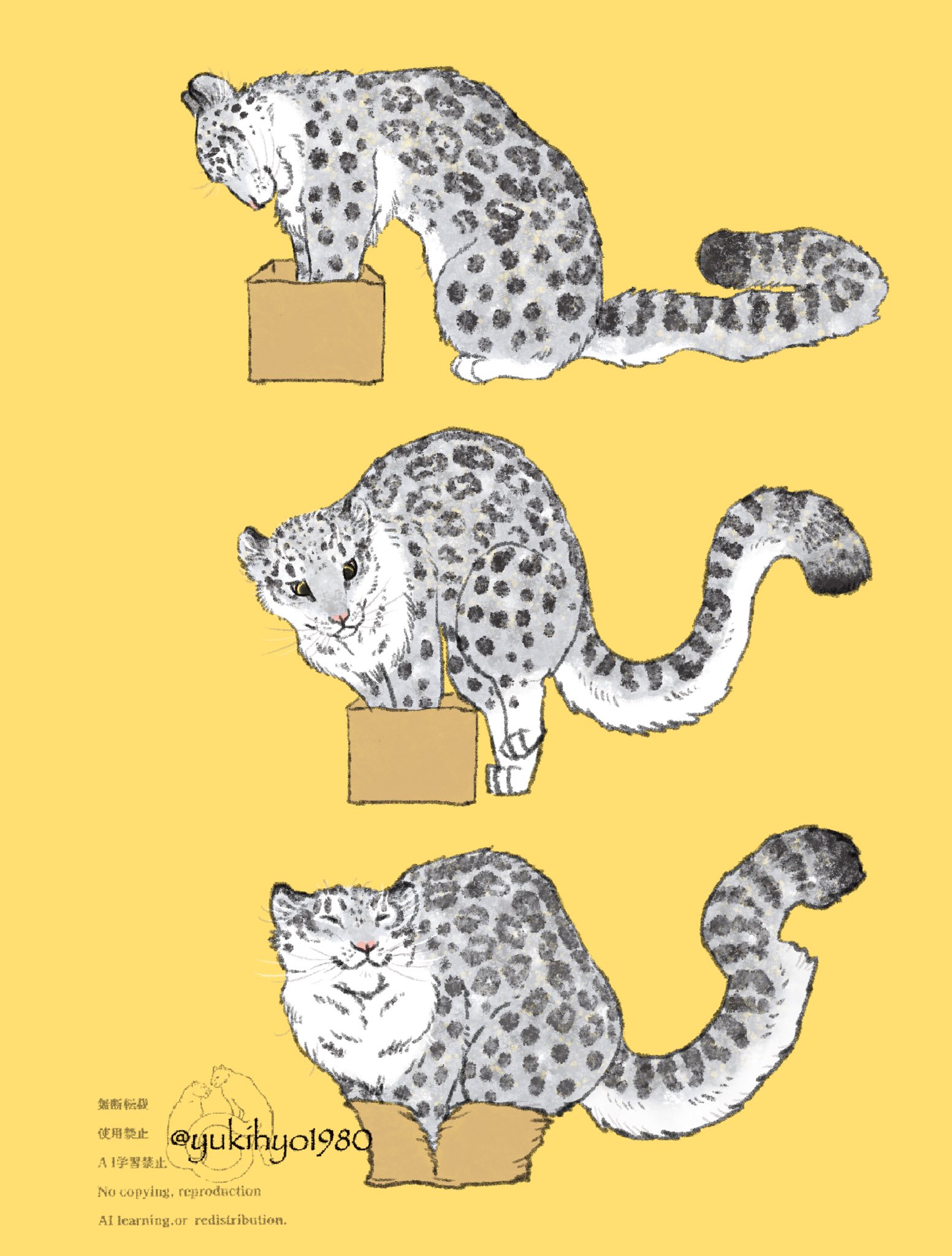 original, highres, animal focus, box, closed eyes, full body, in box, in container, leopard, no humans, snow leopard, snow leopard tail, twitter username, whiskers, yellow background, yukihyo1980