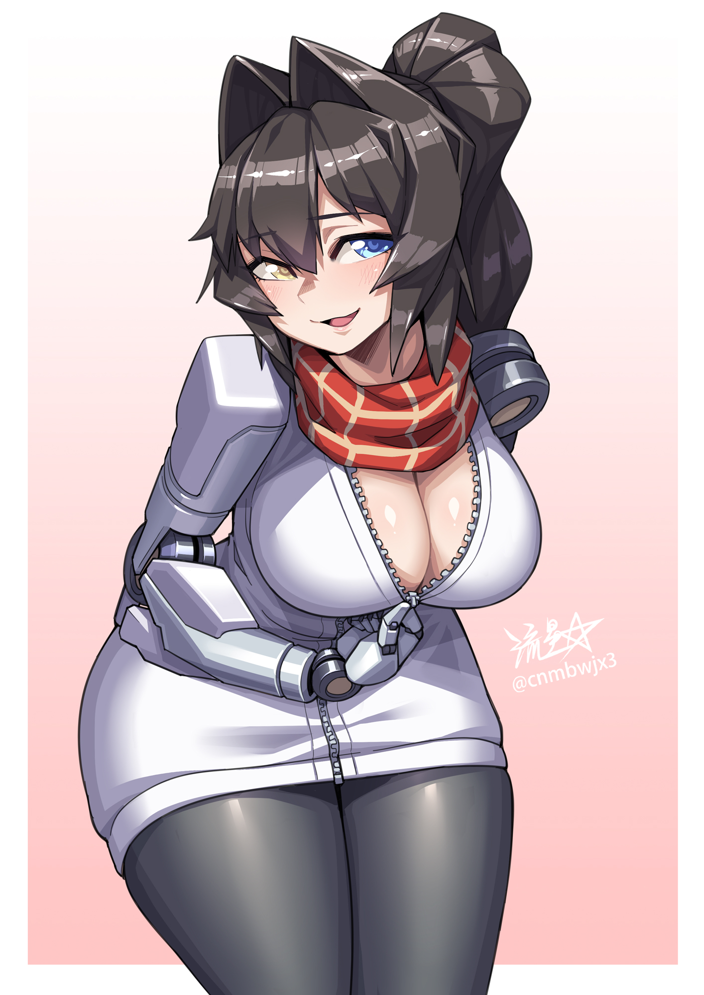 ryuusei (mark ii), original, commentary, highres, 1girl, bent over, black hair, black leggings, blue eyes, borrowed character, breasts, cleavage, cowboy shot, cyborg, hair intakes, heterochromia, jacket, large breasts, leggings, mechanical arms, open mouth, orange scarf, plaid clothes, plaid scarf, ponytail, scarf, signature, smile, solo, twitter username, unzipping, white jacket, yellow eyes