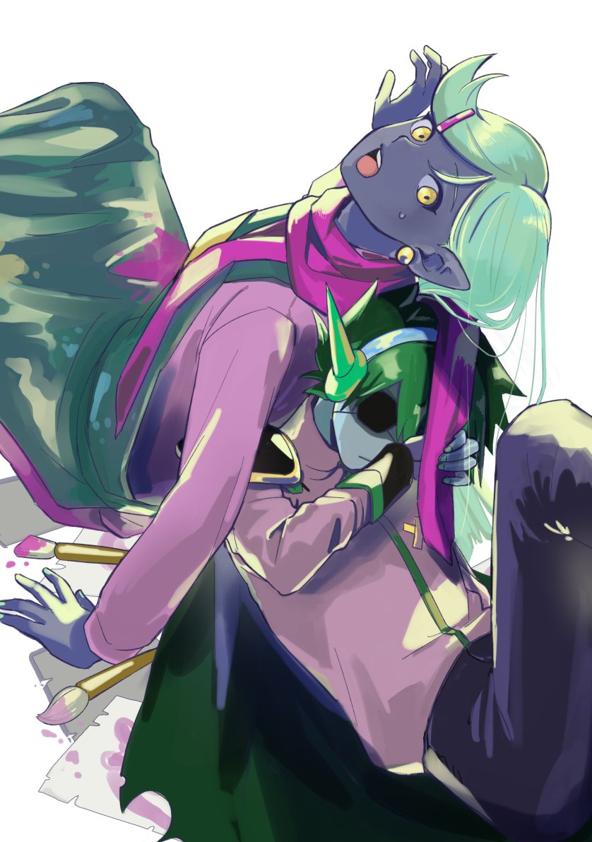 4747moonwalk, captain spaceboy, rococo (omori), omori, commentary request, 2boys, apron, arm support, back-to-back, blue hairband, blue skin, cape, colored skin, covered eyes, drawing (object), earrings, eyepatch, feet out of frame, gold earrings, green apron, green cape, green hair, green nails, hair between eyes, hair ornament, hairband, hand up, jacket, jewelry, knee up, long hair, long sleeves, looking at viewer, male focus, multiple boys, nail polish, official alternate hair color, open mouth, paintbrush, pants, paper, pink jacket, pink scarf, pink shirt, pointy ears, purple pants, scarf, shirt, short hair, simple background, sitting, sweatdrop, teeth, tongue, turtleneck, turtleneck jacket, upper teeth only, white background, yellow eyes