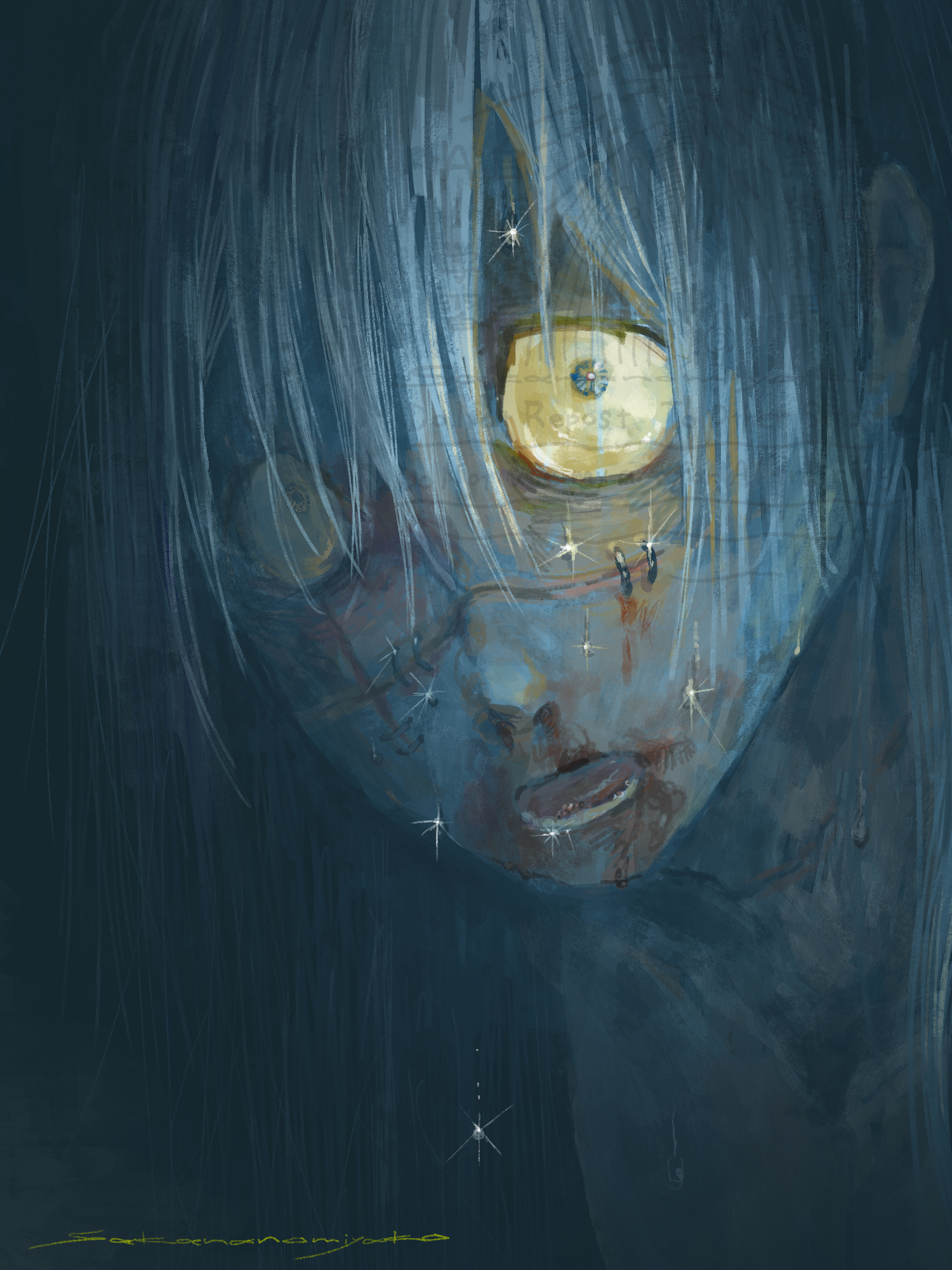 sakananomiyako, mahito (jujutsu kaisen), jujutsu kaisen, highres, 1boy, blood, blood from mouth, blue eyes, blue hair, colored sclera, male focus, open mouth, portrait, signature, solo, stapled face, stitched face, stitches, watermark, yellow sclera