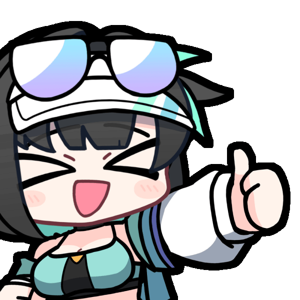 acomu414, debi (black survival), black survival, eternal return: black survival, animated, animated gif, > <, 1girl, :d, bare shoulders, black-framed eyewear, black hair, blue hair, blush stickers, breasts, chibi, cleavage, closed eyes, eyewear on head, facing viewer, jacket, medium breasts, multicolored hair, off shoulder, open clothes, open jacket, open mouth, outstretched arm, simple background, smile, solo, sparkle, sunglasses, thumbs up, transparent background, two-tone hair, upper body, visor cap, white jacket, xd