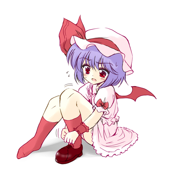 marugoshi (54burger), remilia scarlet, touhou, bad id, bad pixiv id, 1girl, bat wings, female focus, hat, purple hair, red eyes, shoe tying, shoes, single shoe, sitting, socks, solo, wings, wrist cuffs, wristband