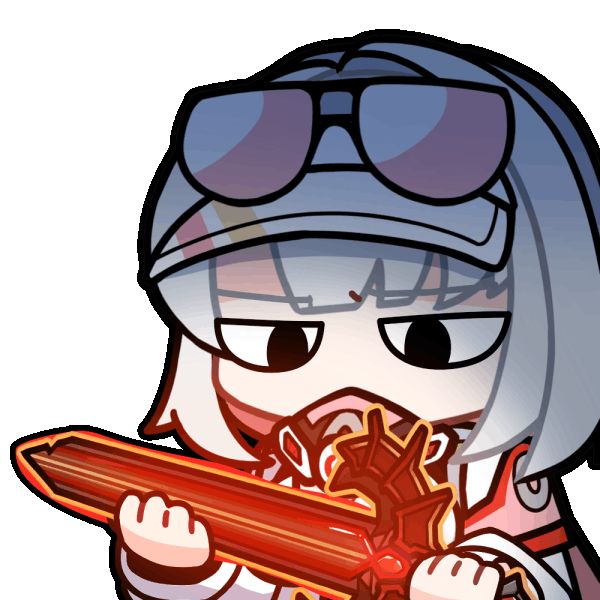 acomu414, marlene (black survival), black survival, eternal return: black survival, animated, animated gif, 1girl, black-framed eyewear, blinking, chibi, eyewear on head, glowing, glowing weapon, grey hair, holding, holding sword, holding weapon, long sleeves, looking down, multicolored hair, pink-tinted eyewear, pink hair, puffy long sleeves, puffy sleeves, simple background, solo, sunglasses, sword, tinted eyewear, transparent background, two-tone hair, upper body, visor cap, weapon