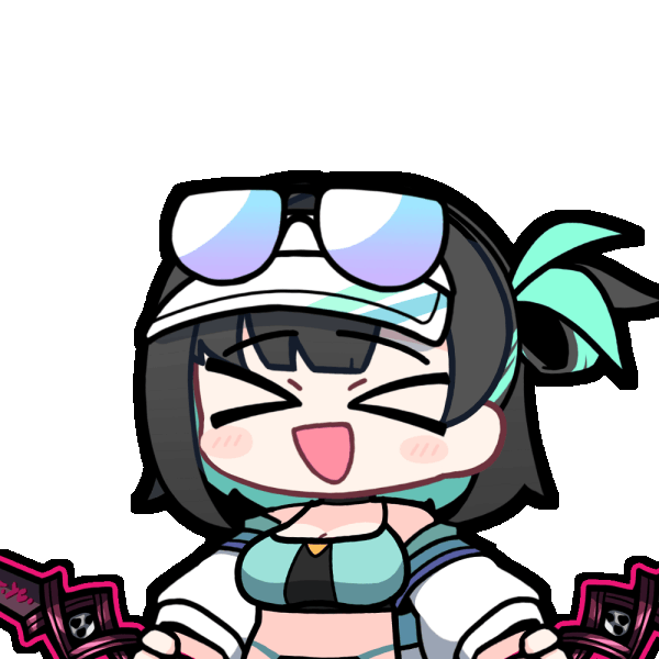 acomu414, debi (black survival), black survival, eternal return: black survival, animated, animated gif, > <, 1girl, :d, arms up, bare shoulders, black-framed eyewear, black hair, blue hair, blush stickers, breasts, chibi, cleavage, closed eyes, dual wielding, eyewear on head, facing viewer, holding, holding sword, holding weapon, jacket, medium breasts, multicolored hair, open clothes, open jacket, open mouth, simple background, slashing, smile, solo, sunglasses, sword, transparent background, two-tone hair, upper body, visor cap, weapon, white jacket, xd